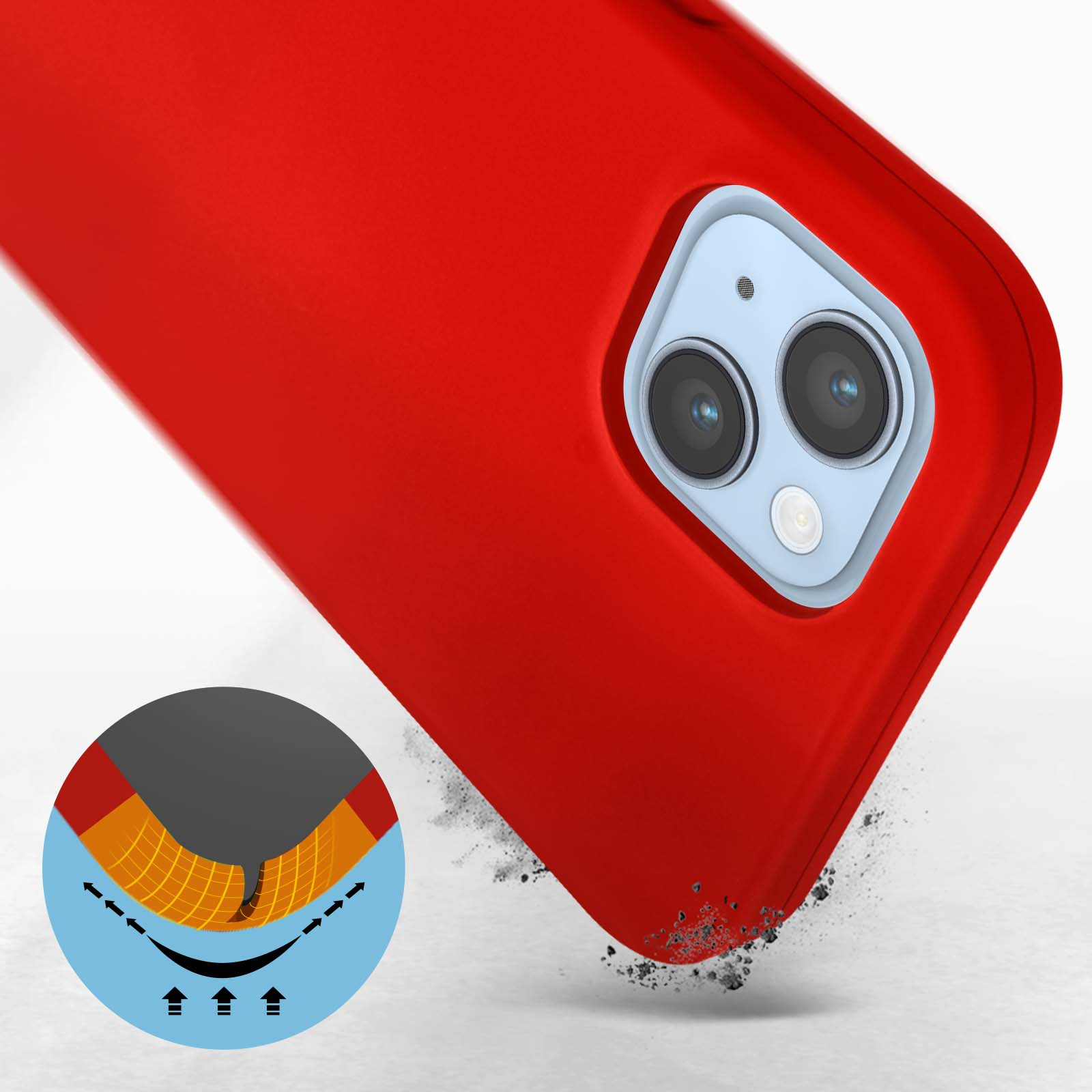 Rode telefoonhoes met een drievoudige camera-opstelling. De achterkant van de hoes is zichtbaar. Witte achtergrond.