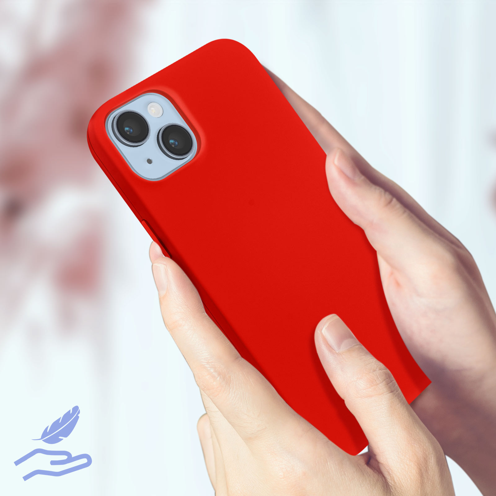 Mani che tengono una custodia rossa per telefono. Sono visibili una piccola icona di piuma e un'icona di mani morbide.