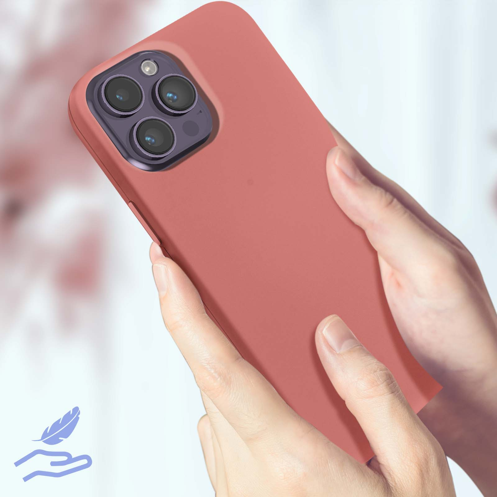 Hand met koraal telefoonhoesje, met een veerpictogram.