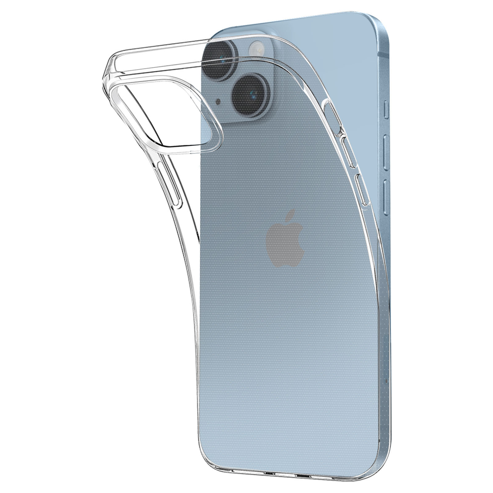 Een transparante telefoonhoes op een blauwe telefoon met een Apple-logo. De achtergrond is wit.