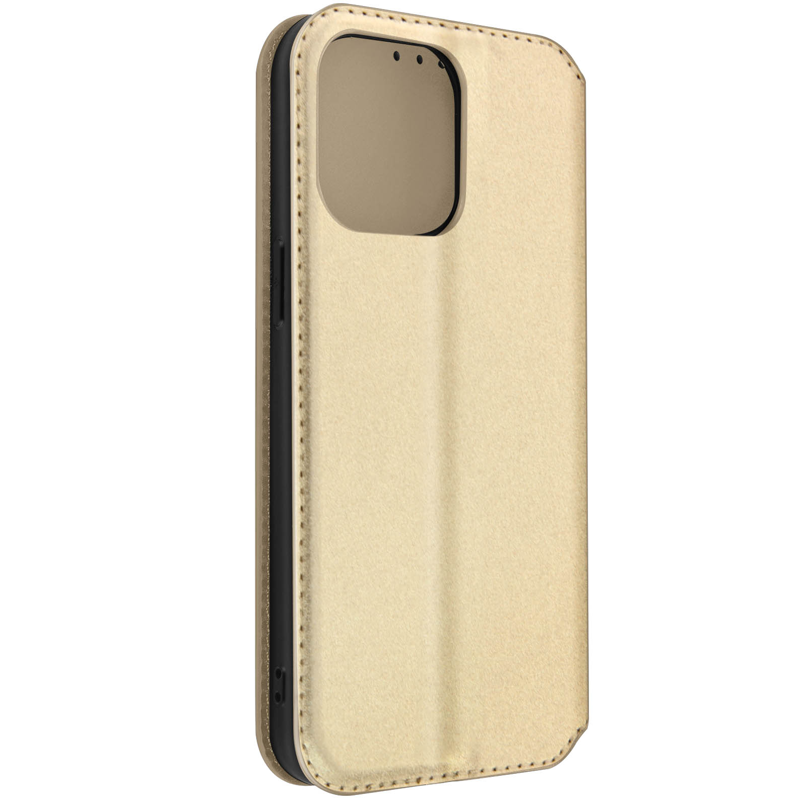 Un étui de téléphone doré en position verticale, avec un trou pour l'appareil photo et une finition brillante.