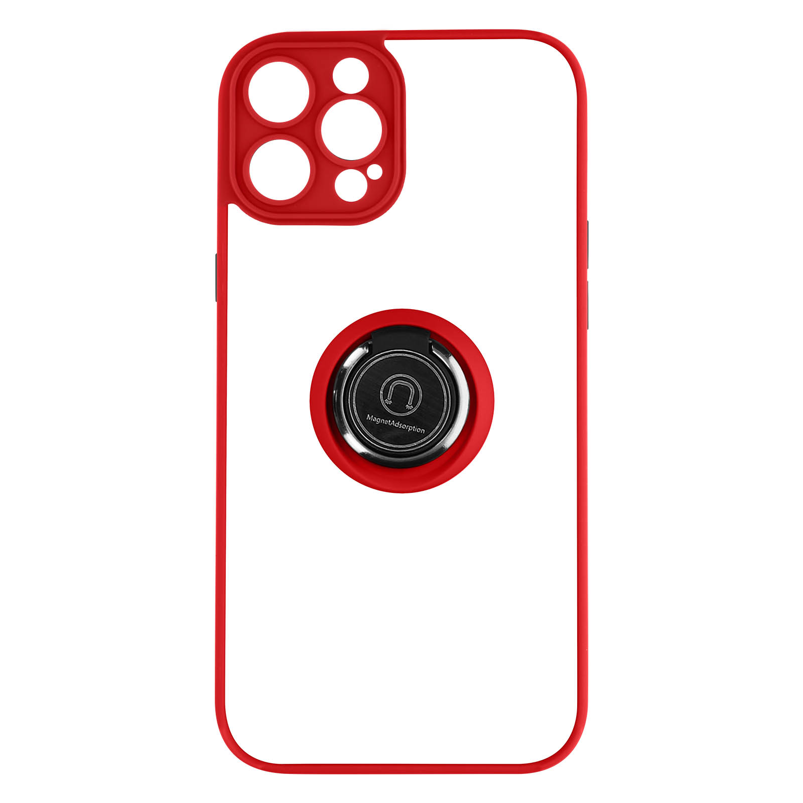 Coque de téléphone rouge avec un support d'anneau noir. Le téléphone n'est pas dans la coque.