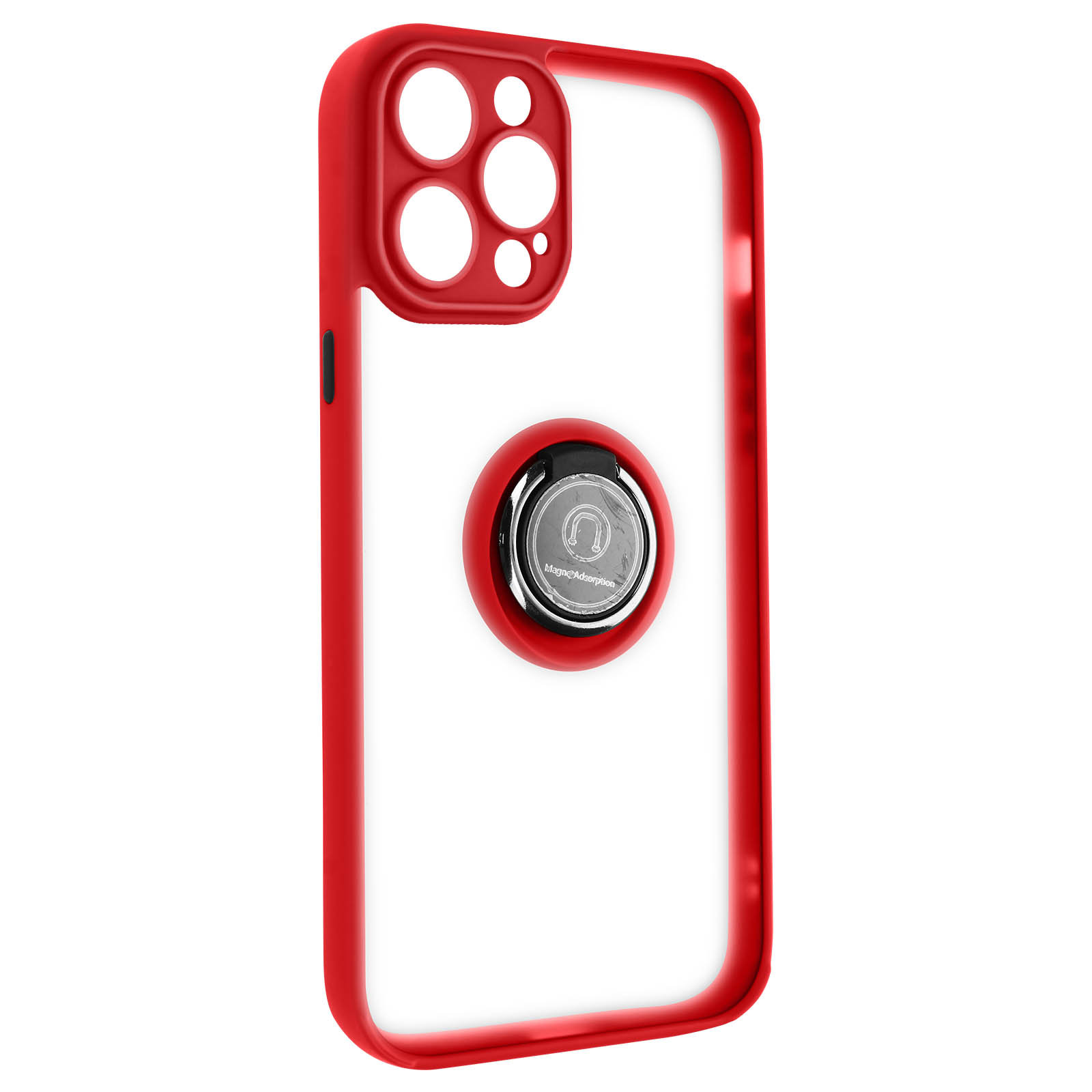 Une coque de téléphone rouge avec un dos transparent et un support de bague, isolée sur fond blanc.