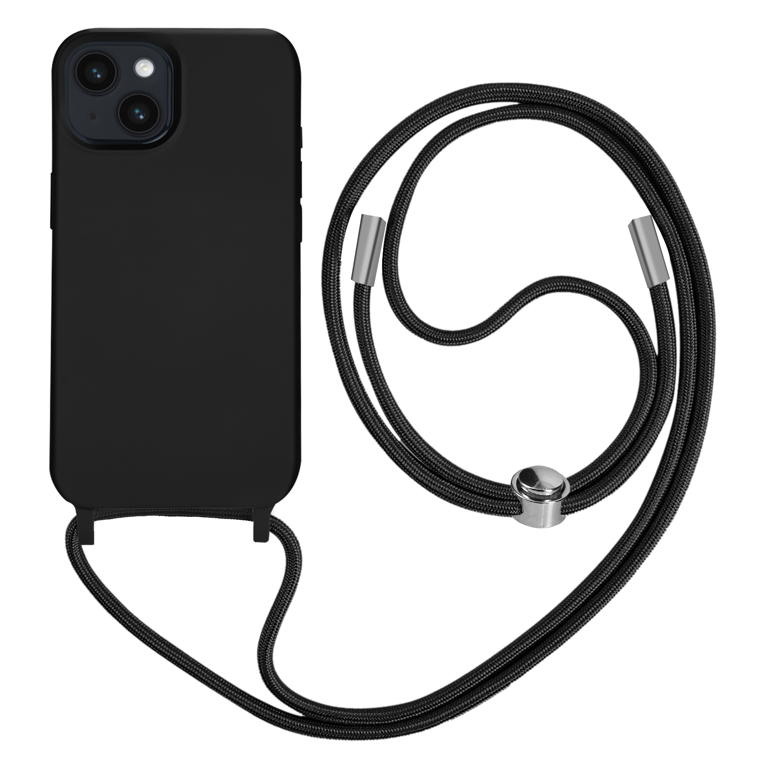 Zwarte telefoonhoes met een zwart koord om de nek. Twee camera's zichtbaar aan de achterkant.
