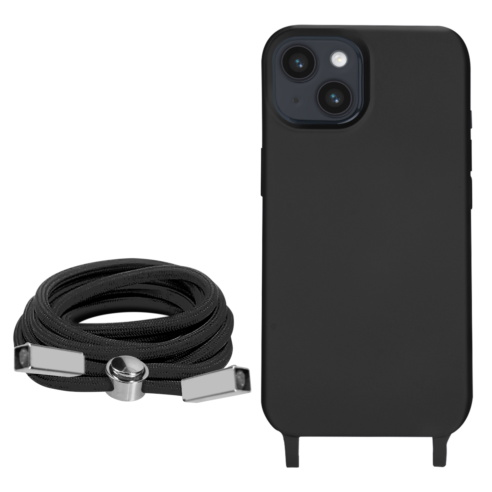 Een zwarte telefoonhoes met een koord, rustend op een wit oppervlak.