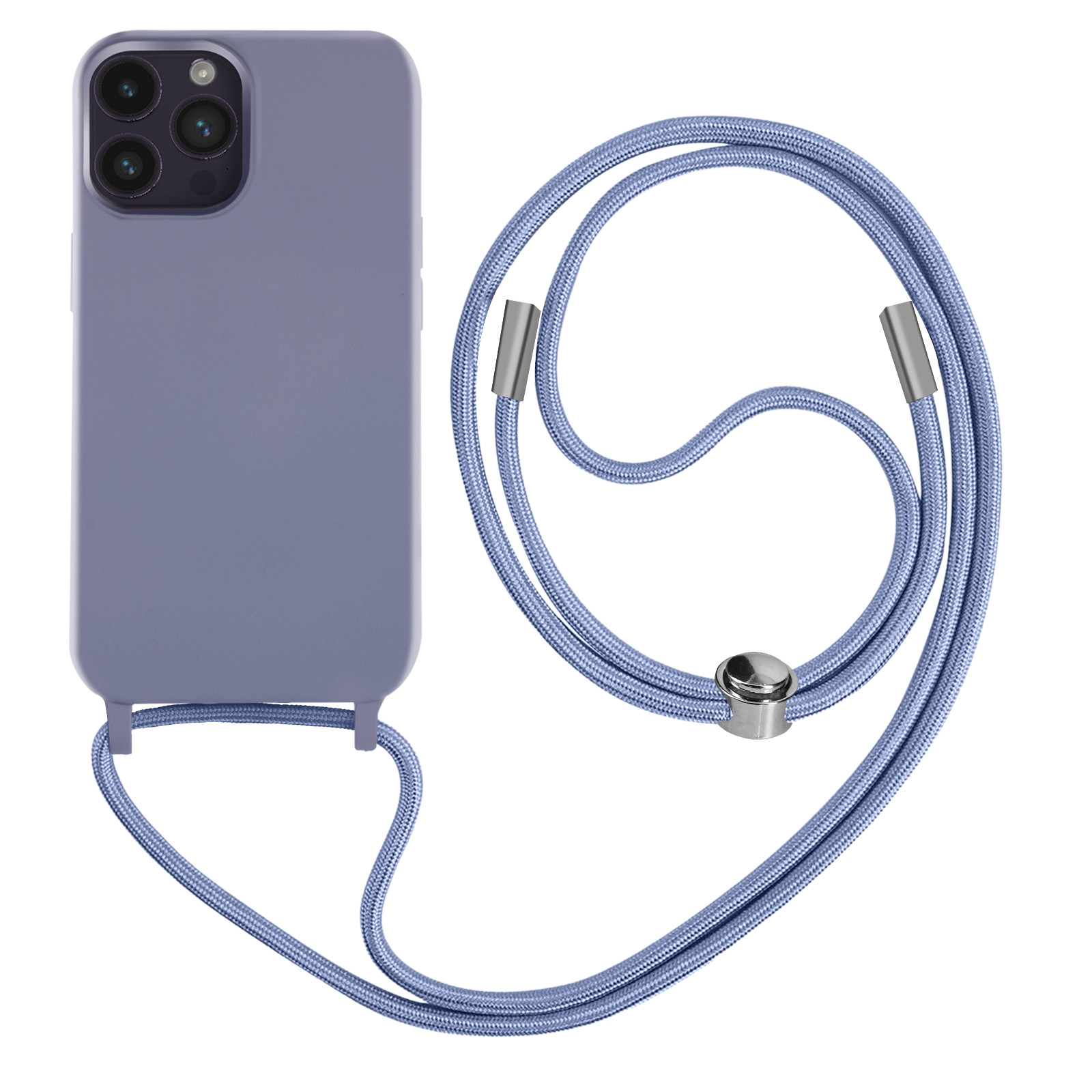 Téléphone lilas avec cordon. Cordon bleu avec attaches argentées et un accent argenté sur le téléphone.