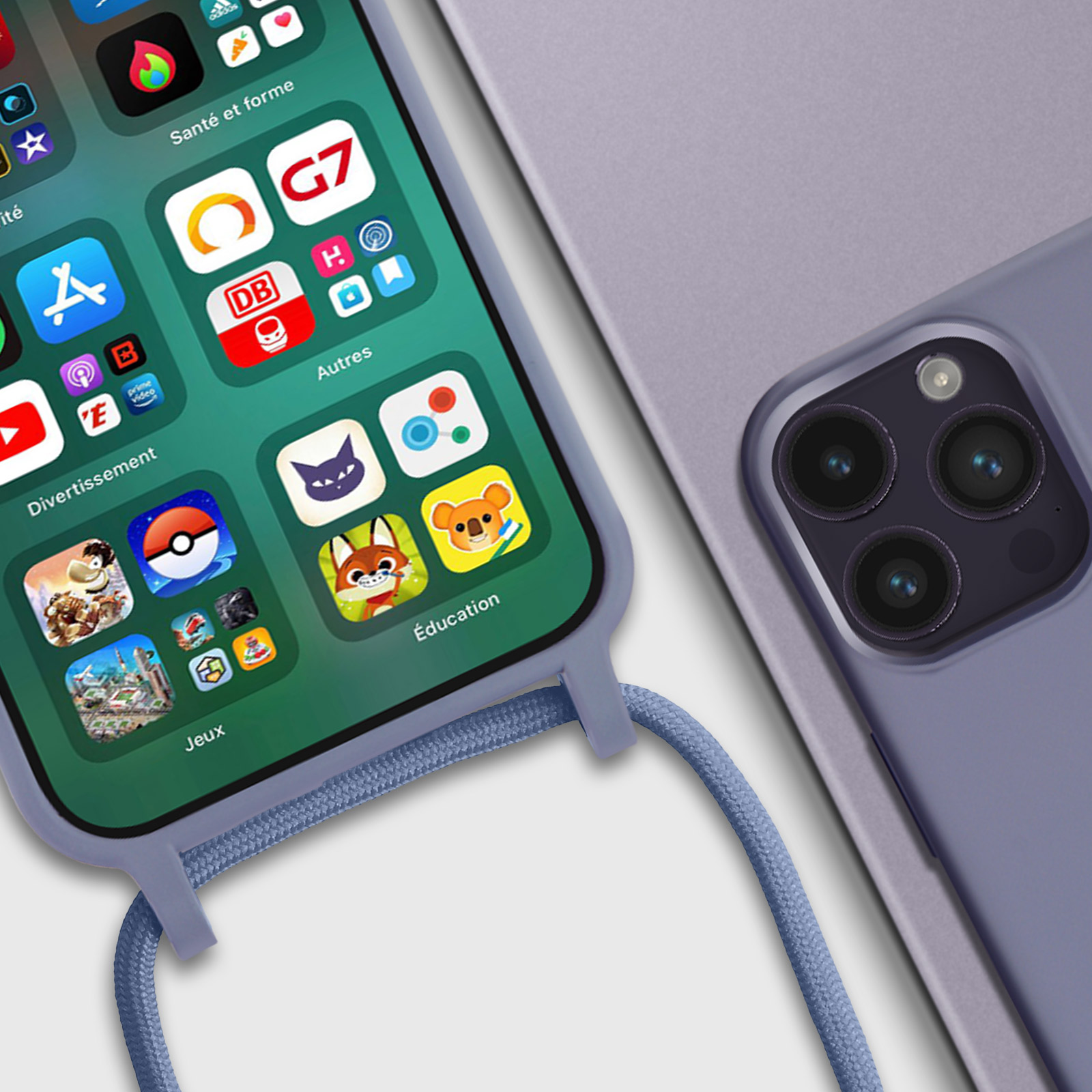 Écran de téléphone avec icônes d'applications, étui avec cordon bleu et un autre téléphone.