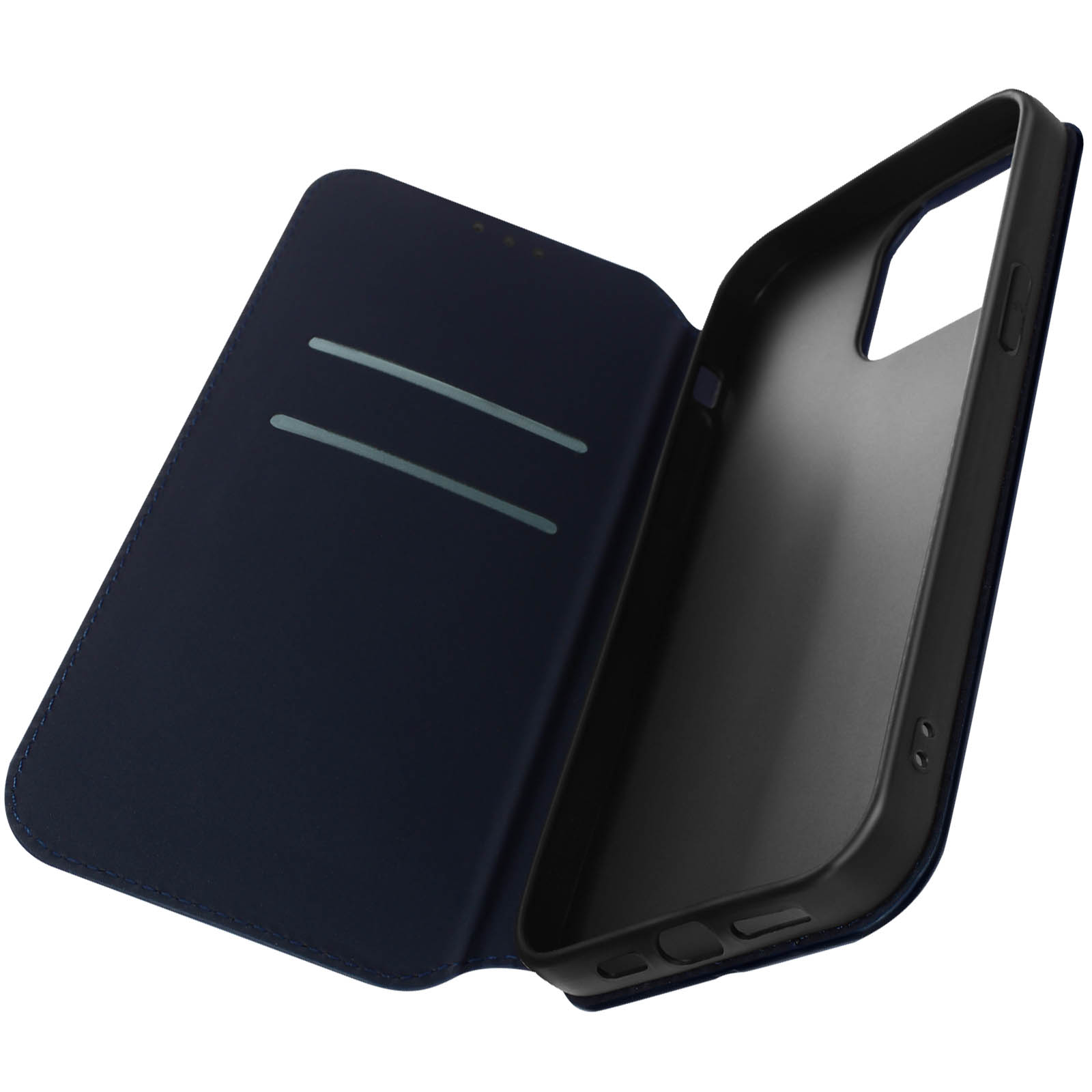Étui de téléphone bleu ouvert. L'intérieur est noir. L'étui est sur un fond blanc.