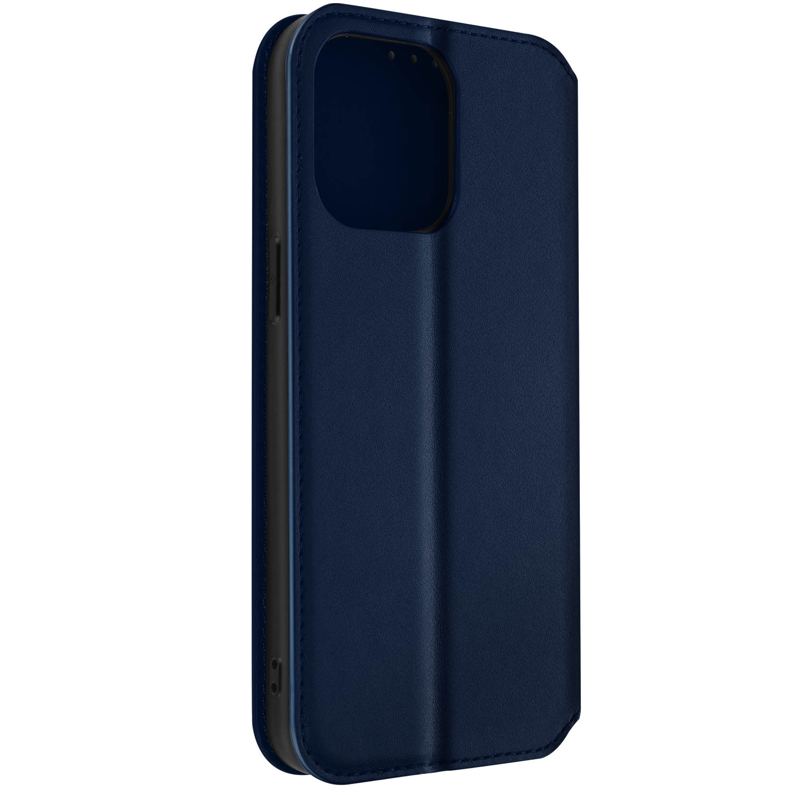 Une coque de téléphone bleu foncé fermée, sur fond blanc.