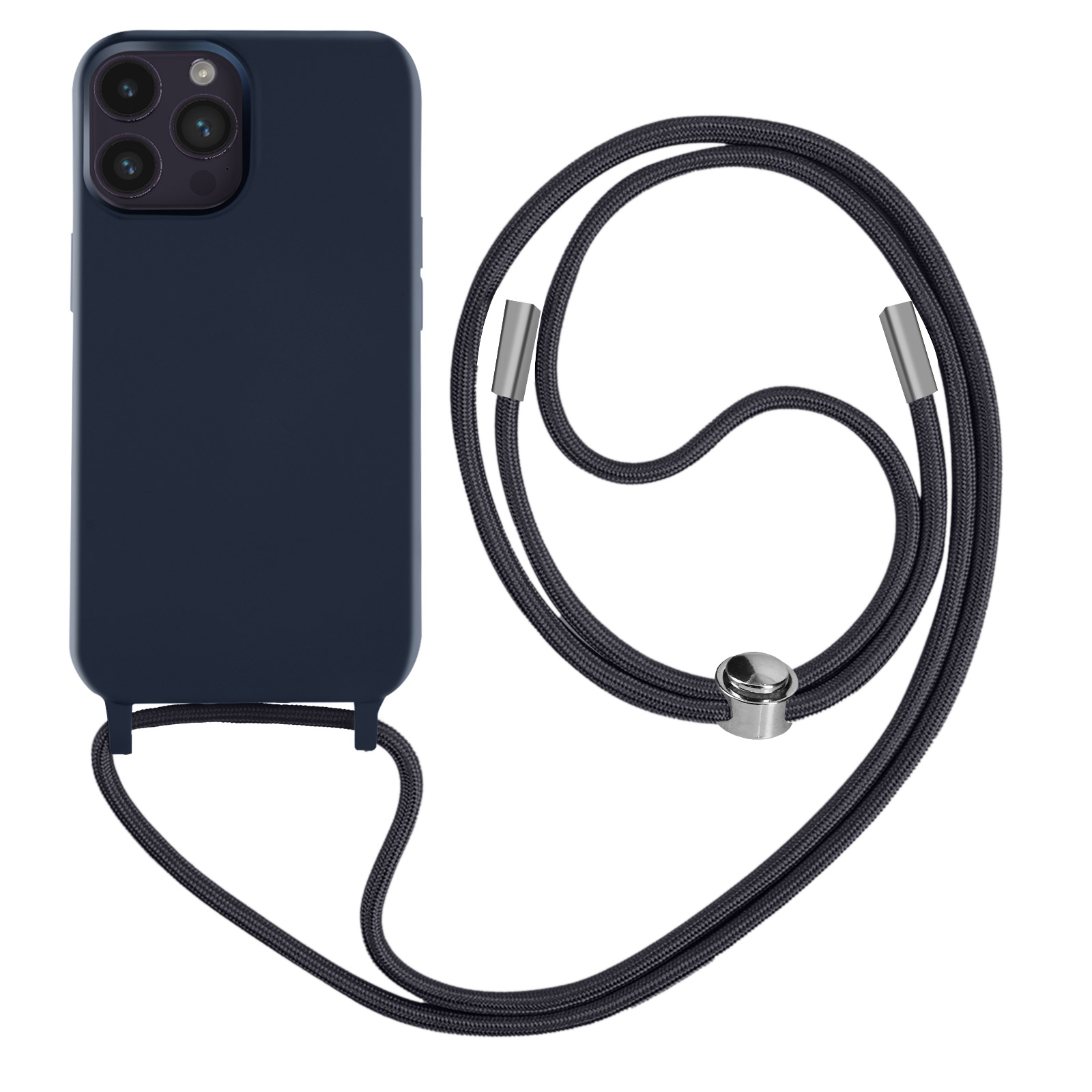 Marineblauwe telefoonhoes met een koord eraan. Een zilveren metalen detail op het koord.