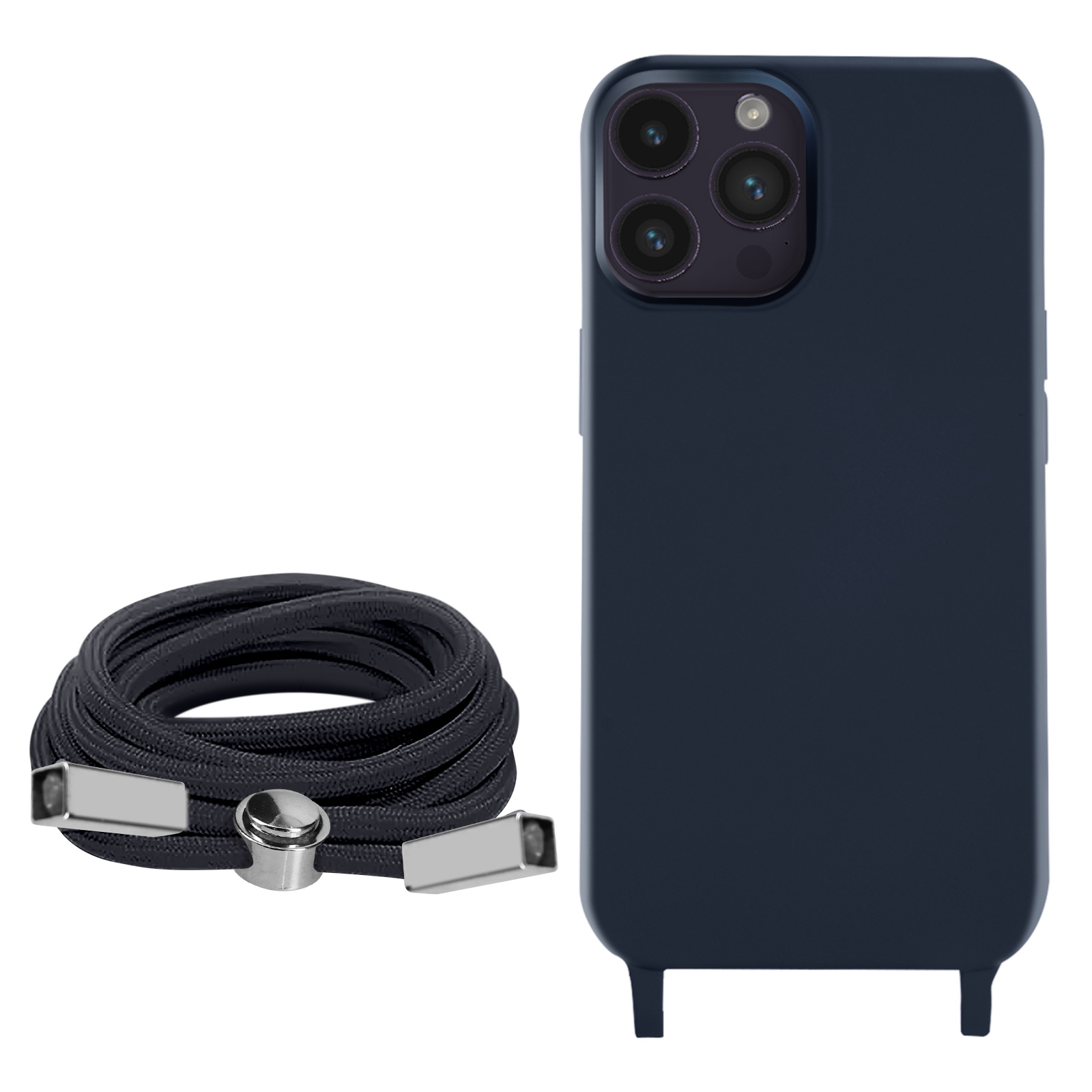 Coque de téléphone bleu foncé avec un cordon bleu assorti et des fermoirs métalliques.
