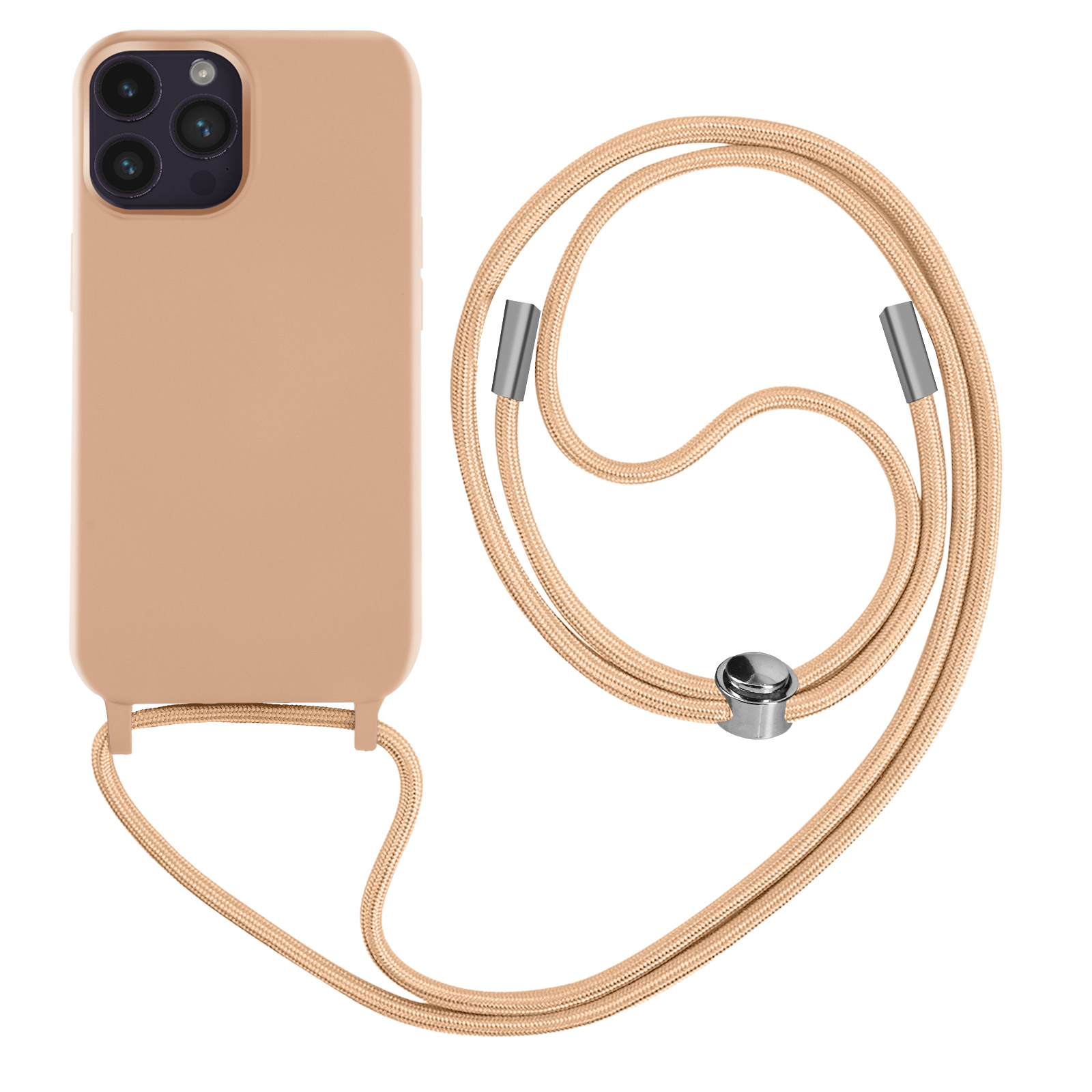 Coque de téléphone beige avec cordon assorti. Le téléphone a un appareil photo.
