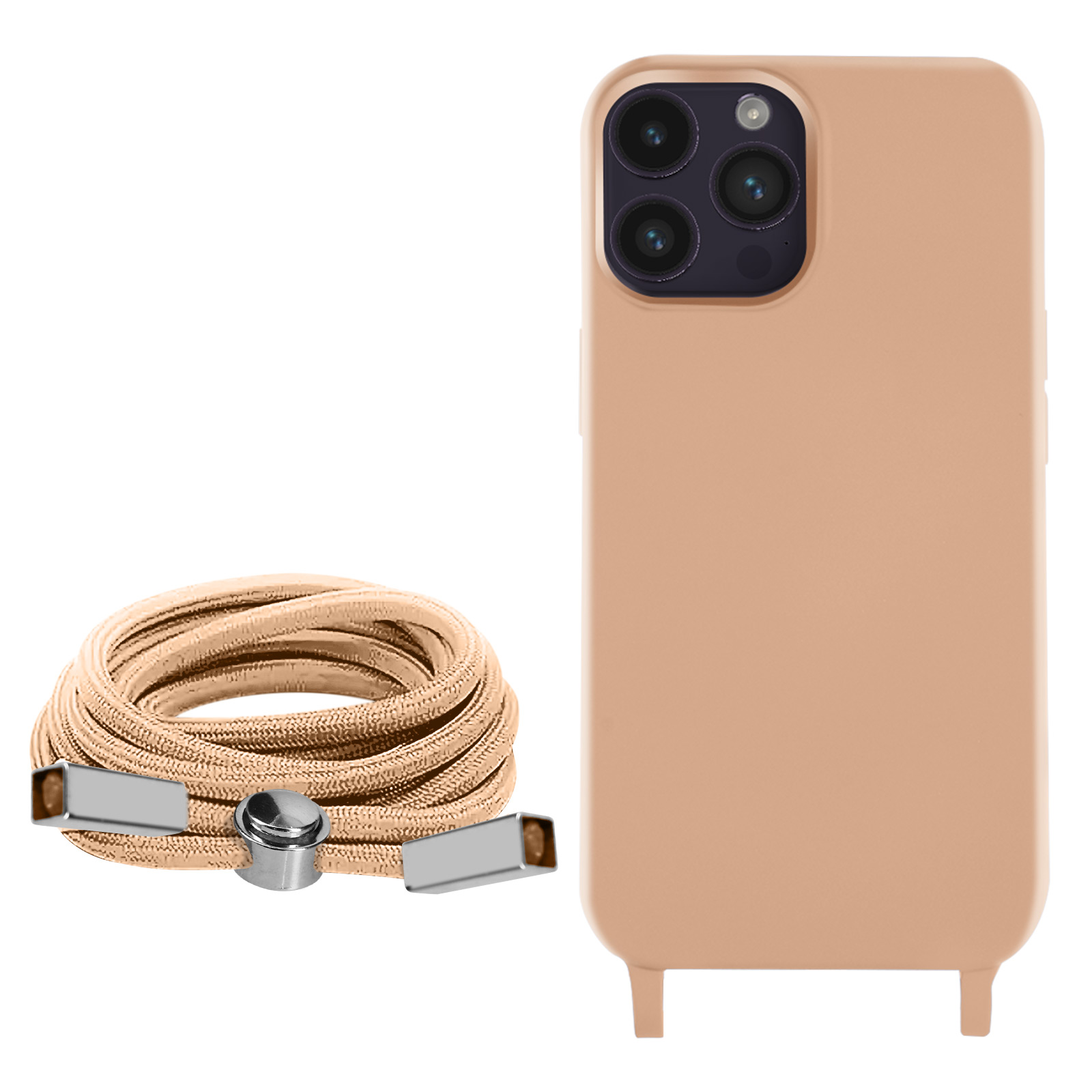 Coque de téléphone beige avec corde et téléphone, isolé sur fond blanc.