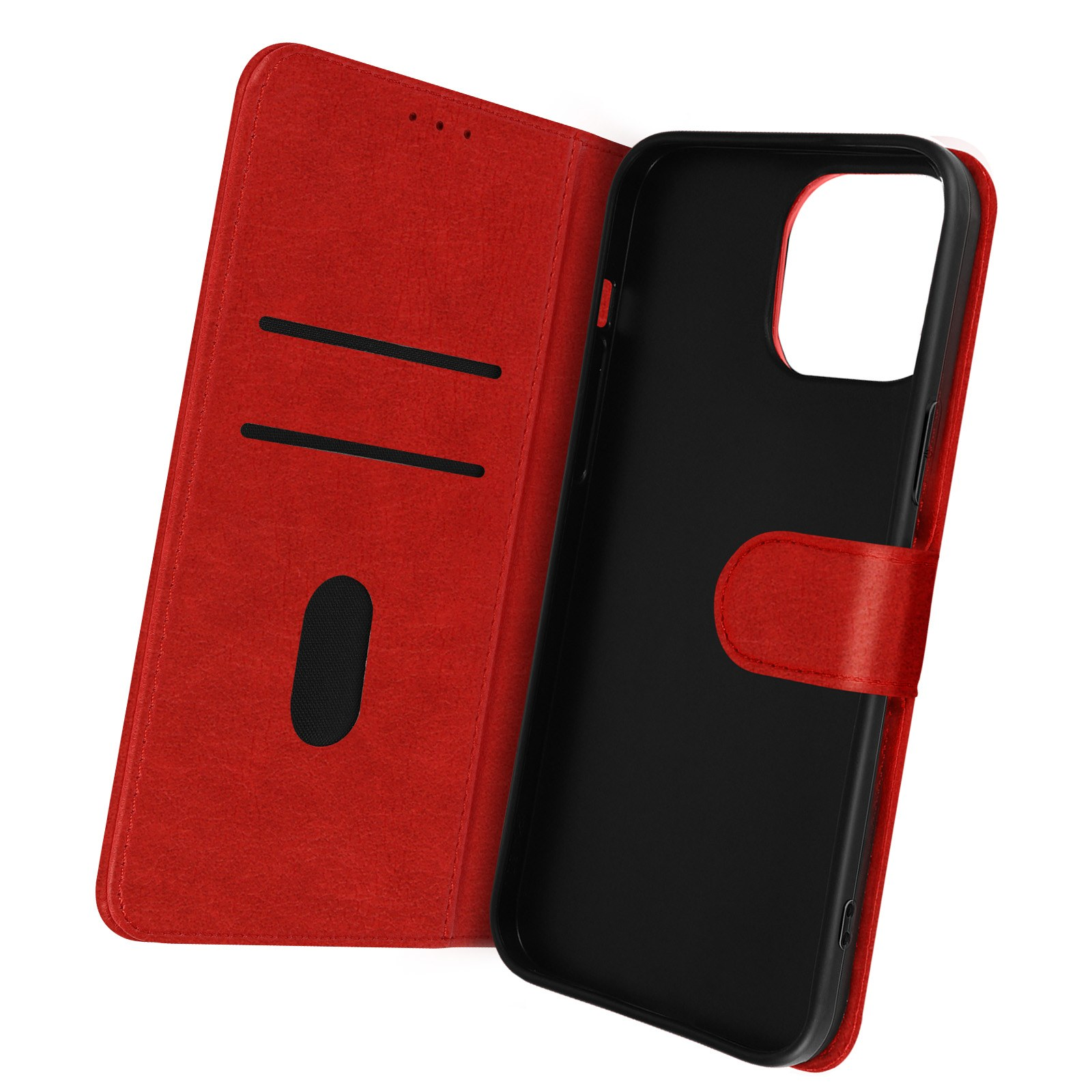Étui de téléphone rouge, ouvert, avec fentes pour cartes et support noir.