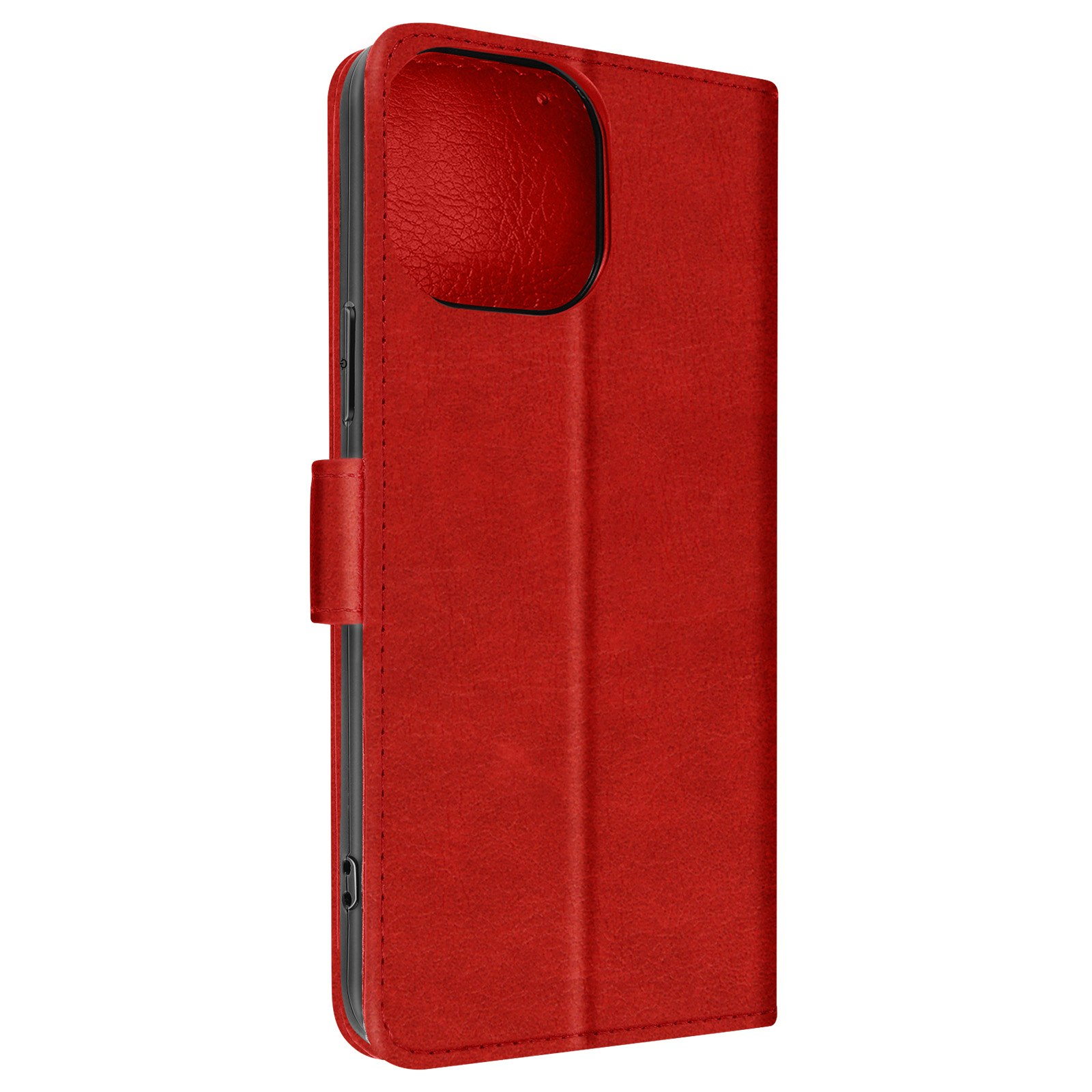 Étui rouge, fermé, avec texture cuir et fermeture magnétique.
