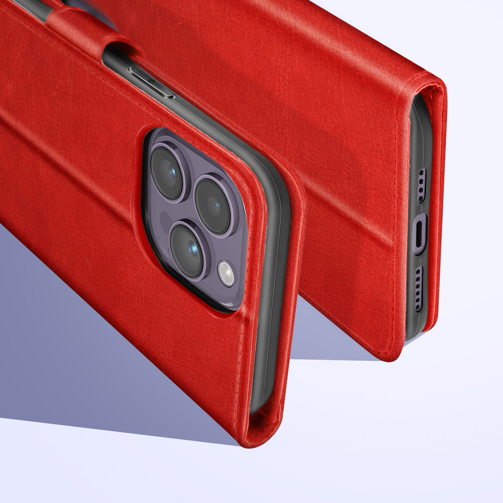 Coque de téléphone en cuir rouge, fermée, avec une découpe de caméra visible.