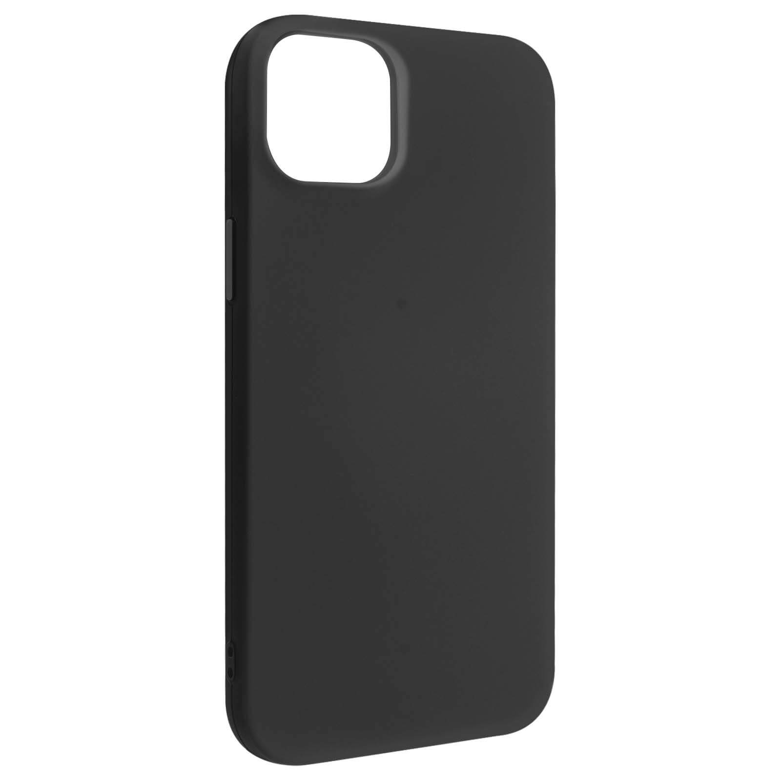 Un étui de téléphone noir, vu de dos, avec une découpe pour la caméra et un bord incurvé.