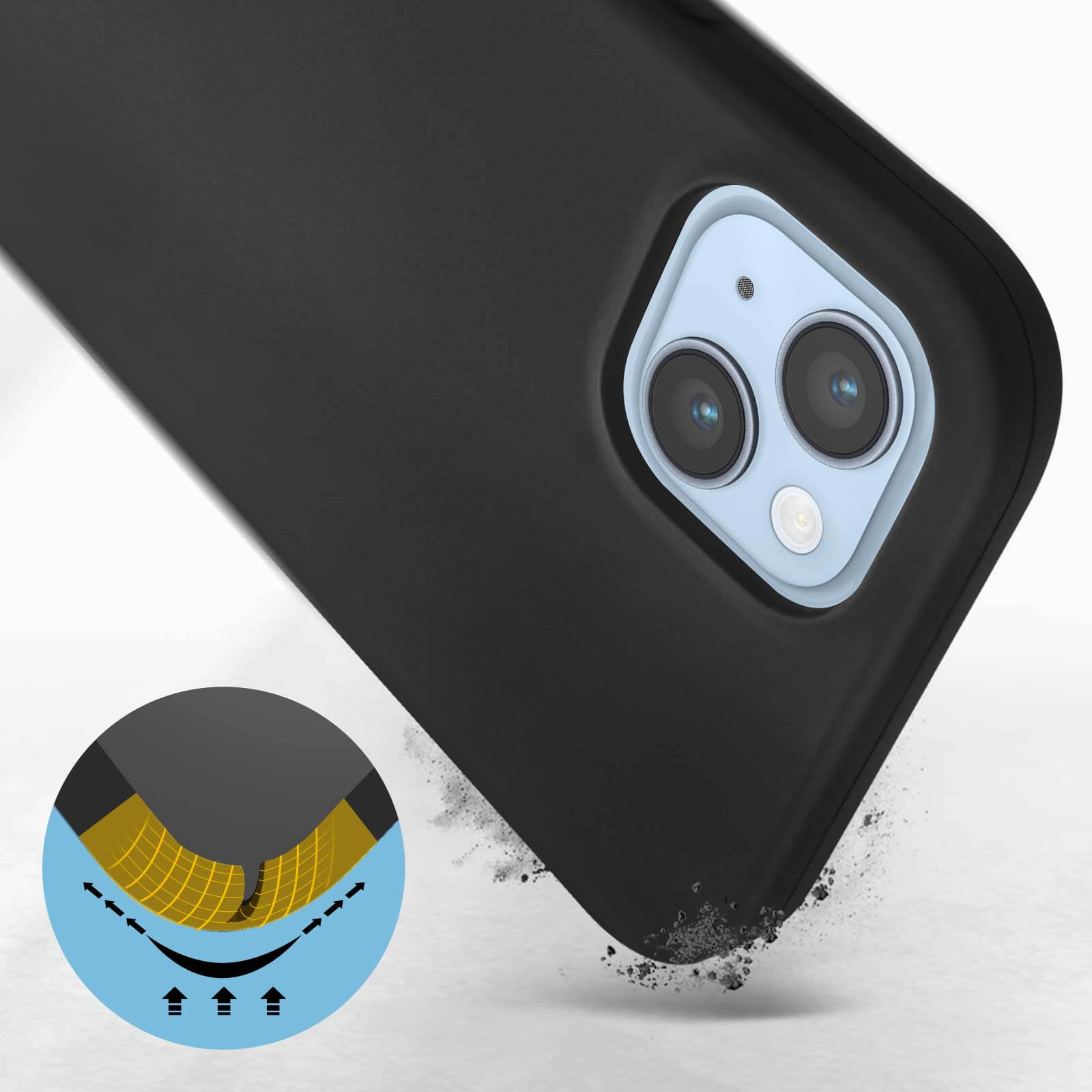 Une coque de téléphone noire est montrée en angle. La zone de la caméra est visible avec un graphique.