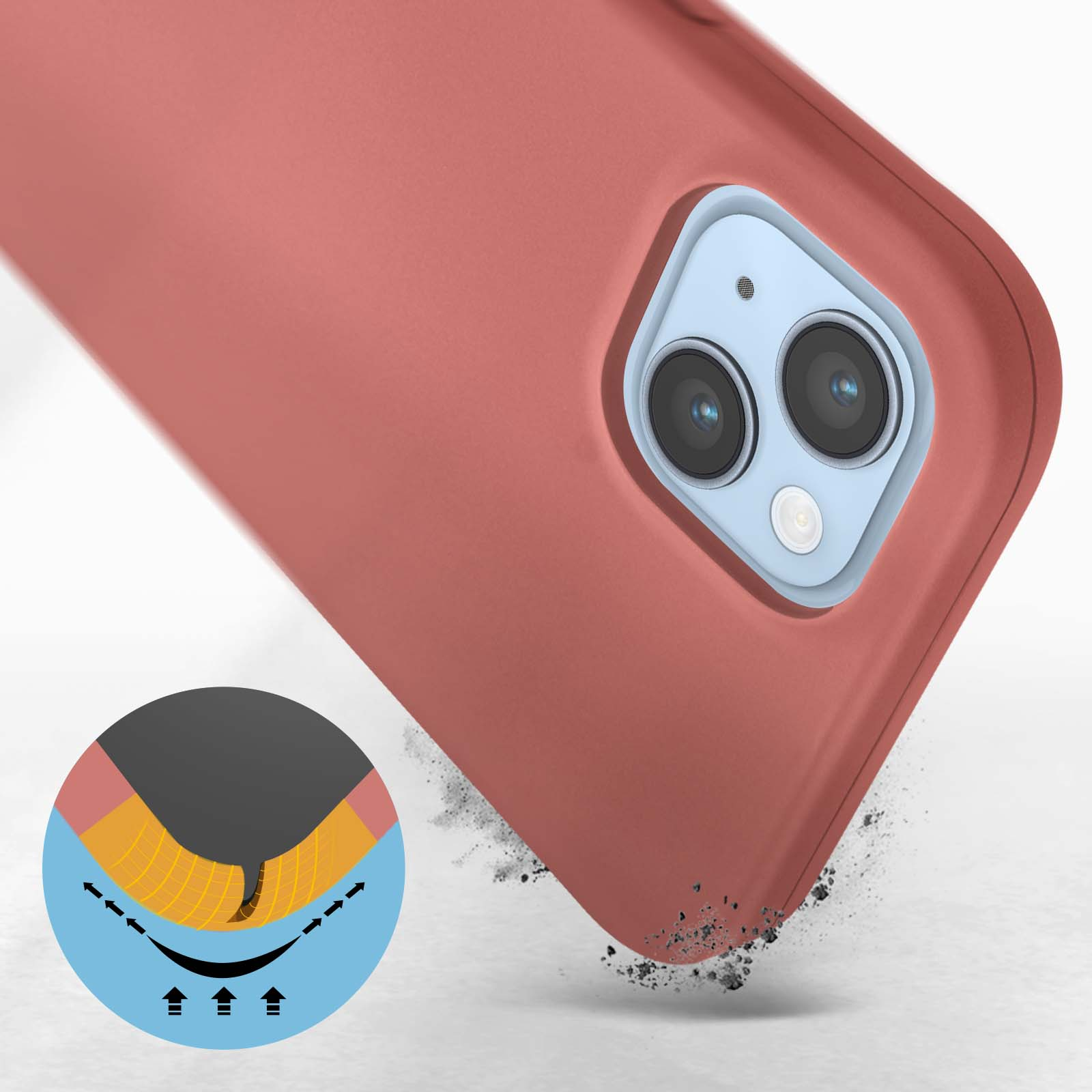 Coque de téléphone avec finition rouge, montrant une coupe transversale avec un design absorbant les chocs.