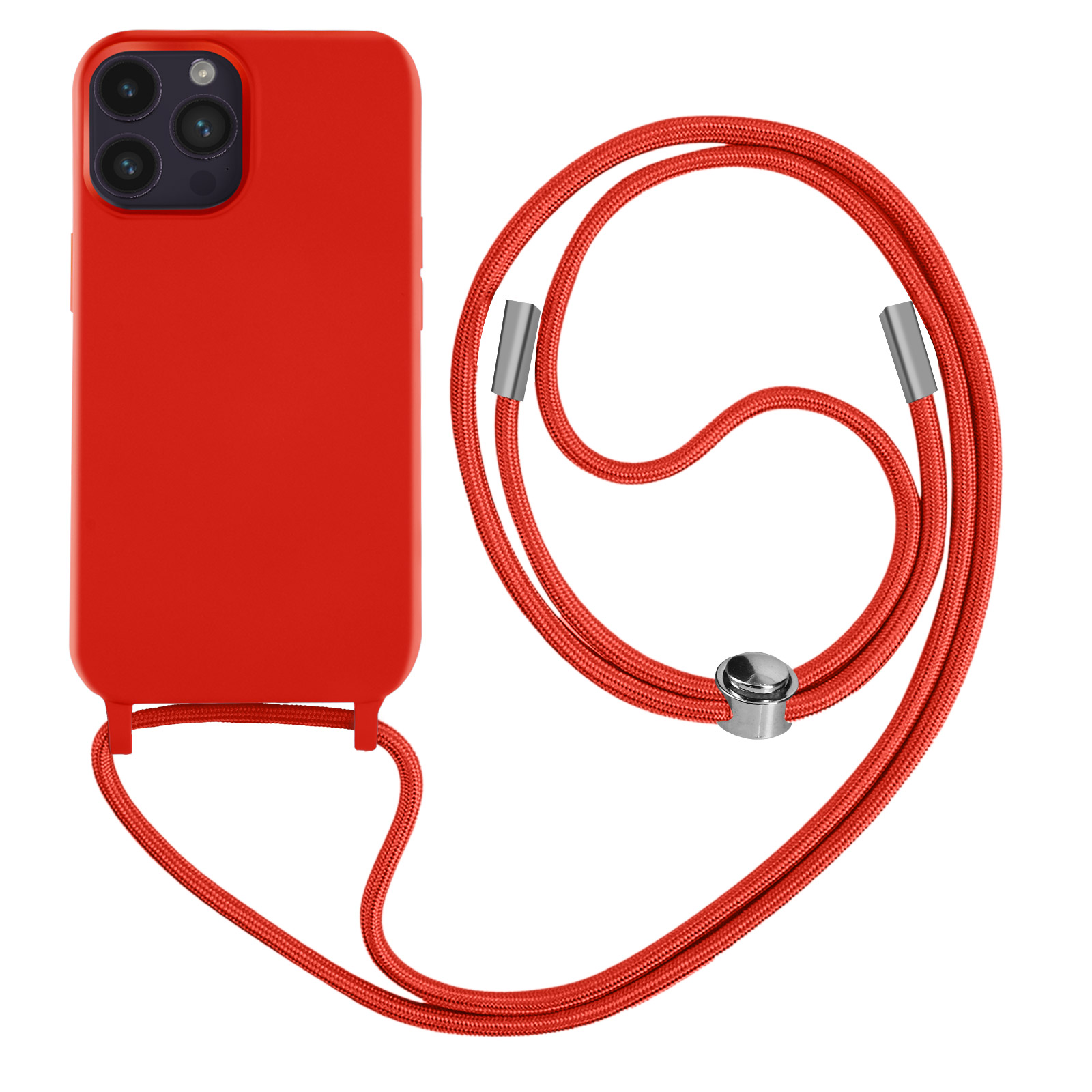 Coque de téléphone rouge avec cordon assorti. La coque a plusieurs caméras. Fond blanc.