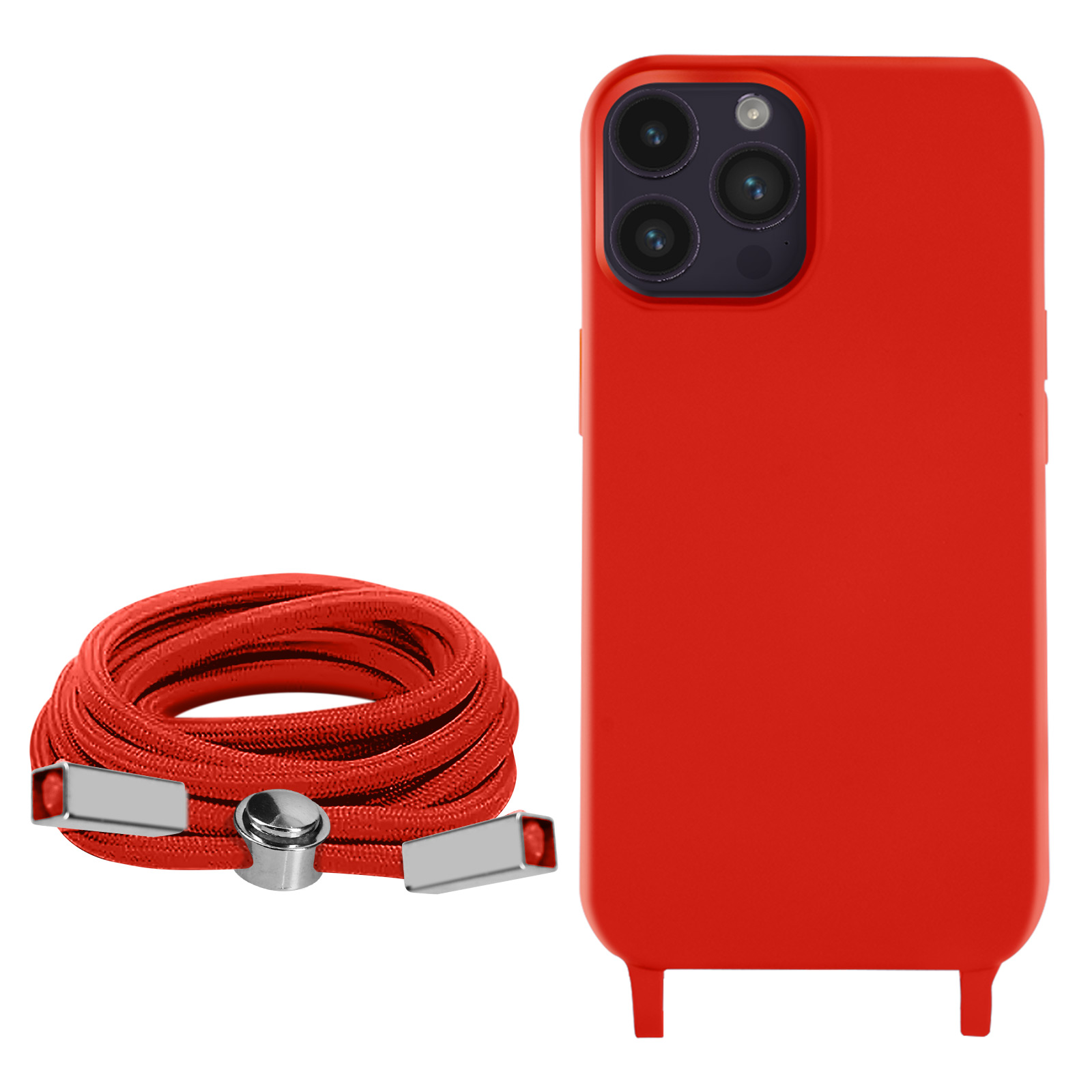 Étui de téléphone rouge avec cordon rouge et téléphone, sur fond blanc.