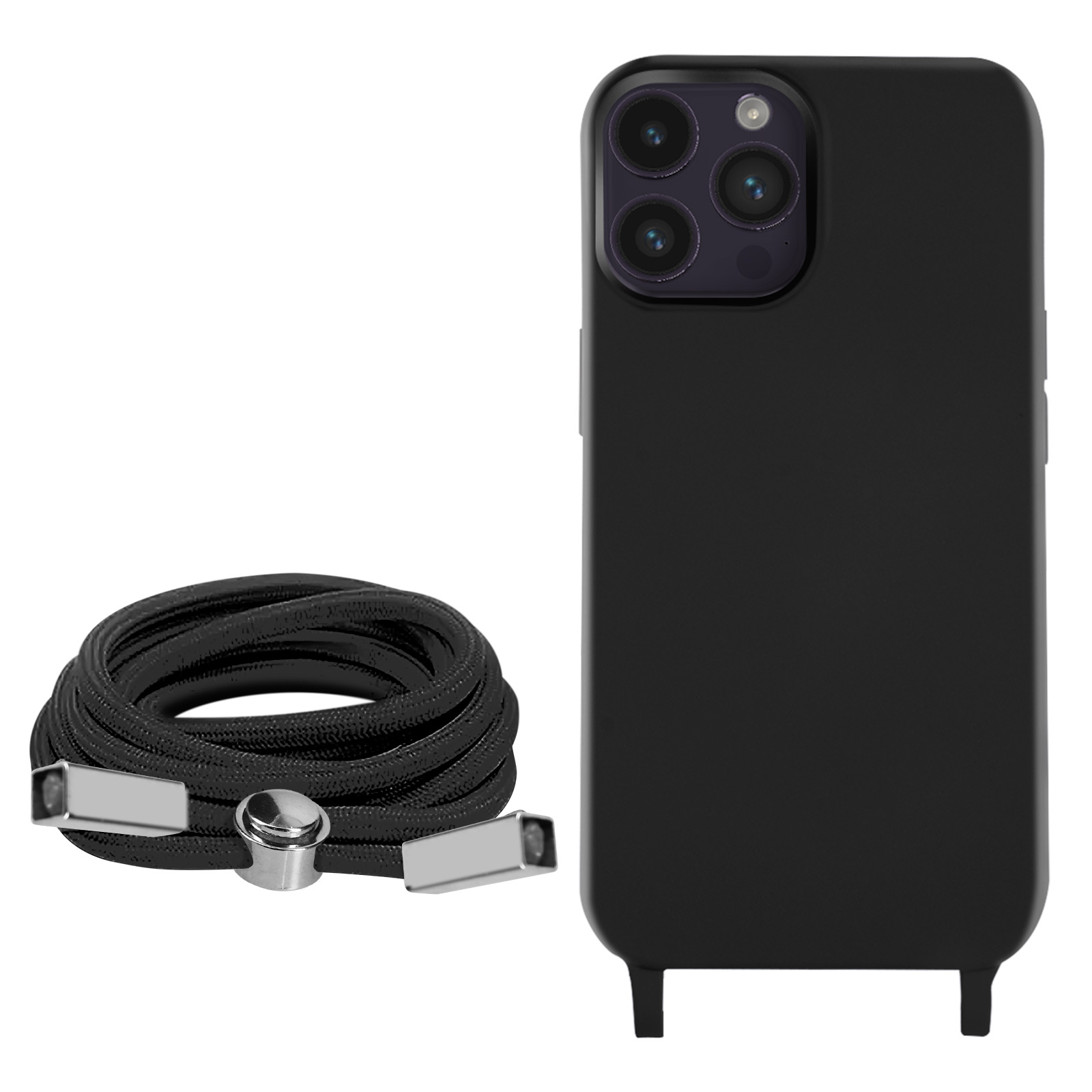 Coque de téléphone noire avec une sangle en forme de corde et le téléphone attaché.