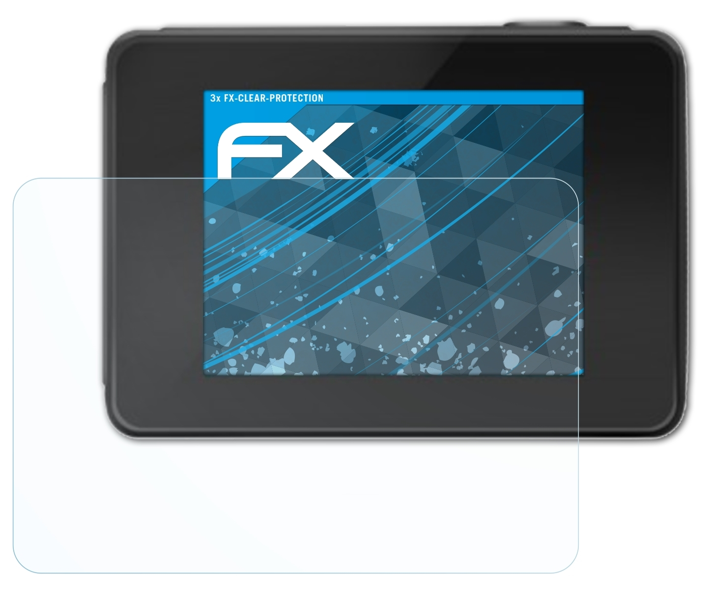 Schwarze Kamera mit Displayschutzfolie. Der Bildschirm zeigt ein Logo. Eine transparente Schutzfolie befindet sich davor.
