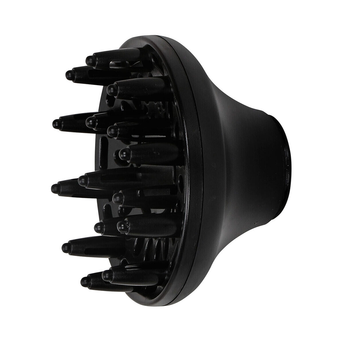 Difusor de secador de pelo negro con múltiples púas, vista lateral.