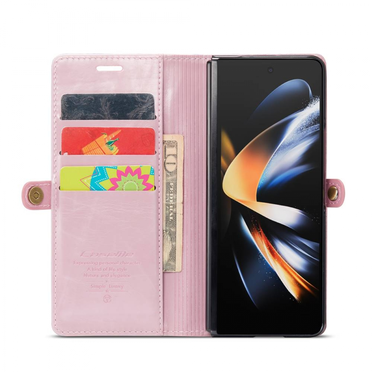 Geöffnete pinke Handyhülle, hält Karten, Geld und ein zusammengeklapptes Handy.
