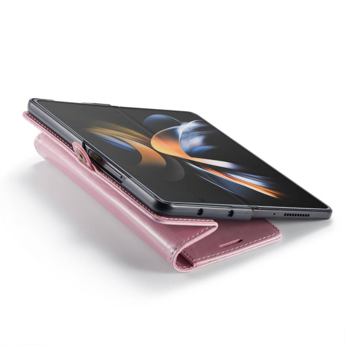 Faltbares Telefon in einem rosa Lederetui, offen. Weißer Hintergrund.