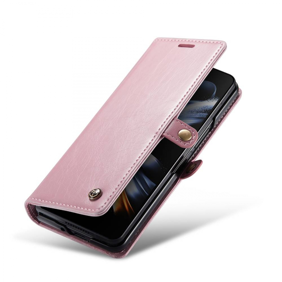 Rosa Handyhülle mit Telefon, auf weißem Hintergrund.