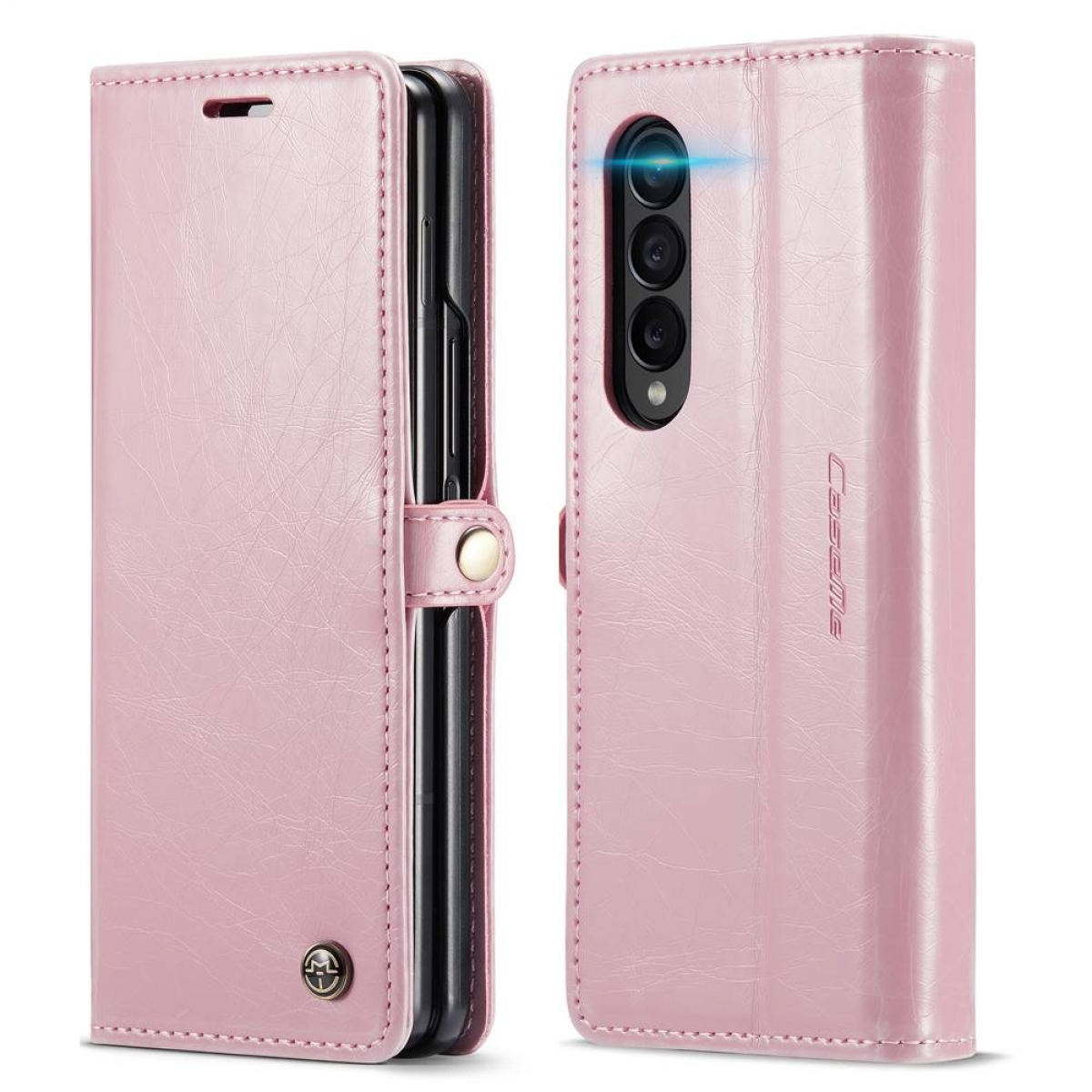 Rosa Handyhülle mit zwei Seiten, eine offen, eine geschlossen, mit Telefon darin.