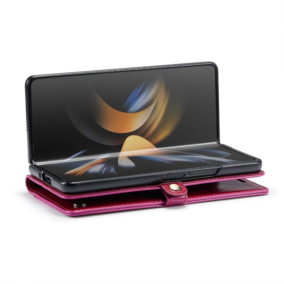Faltbares Telefon in einem rosa Etui, offen. Der Bildschirm zeigt ein buntes abstraktes Muster. Die Hülle hat einen Verschluss.