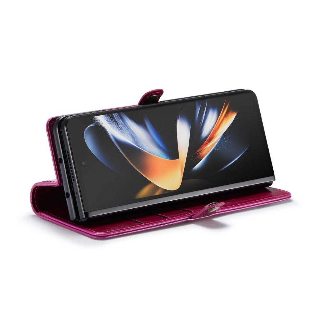 Faltbares Telefon in einem magentafarbenen Gehäuse. Das Telefon ist geöffnet und zeigt den Bildschirm.