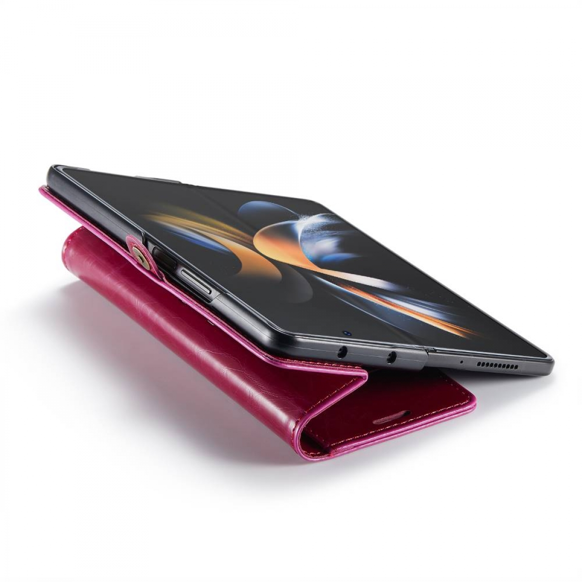 Tablet in einer bordeauxroten Ledertasche, hochgestellt. Der Bildschirm zeigt eine schwarze Oberfläche.