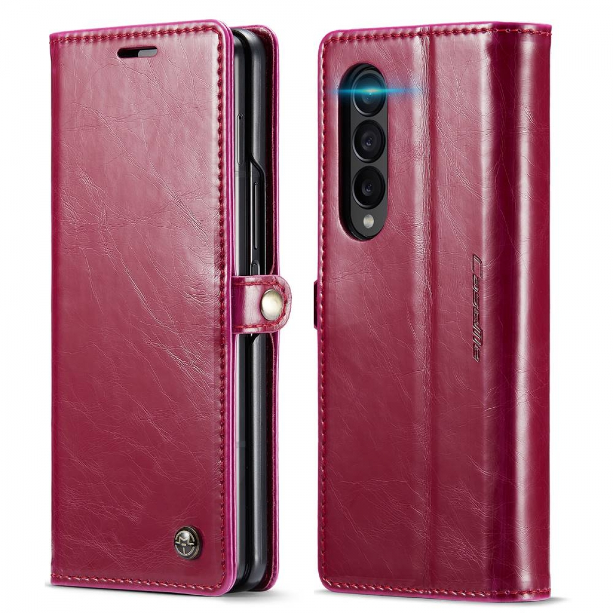 Eine rote Leder-Handyhülle für ein faltbares Telefon. Die Hülle ist links geschlossen und rechts offen, das Telefon zeigend.