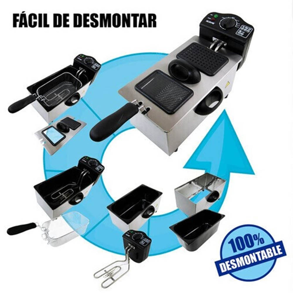 Freidora desmontada con partes, flecha azul y texto 'fácil de desmontar'.