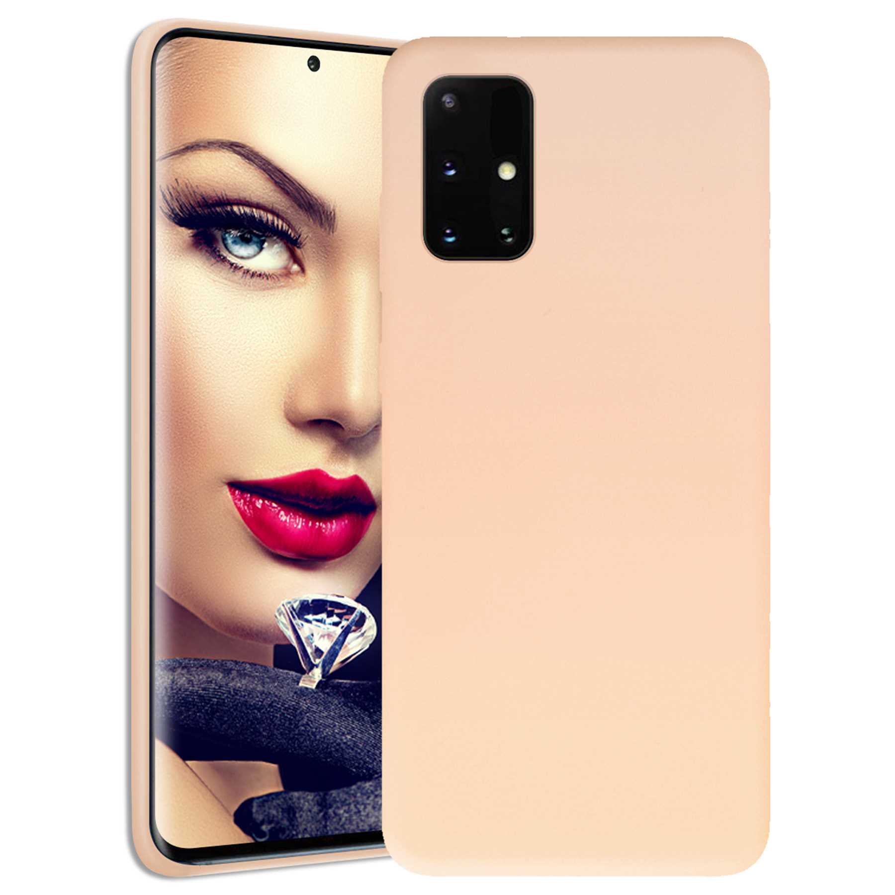 Handyhülle mit Gesicht einer Frau auf dem Telefonbildschirm. Helle Pfirsichhülle. Weißer Hintergrund.