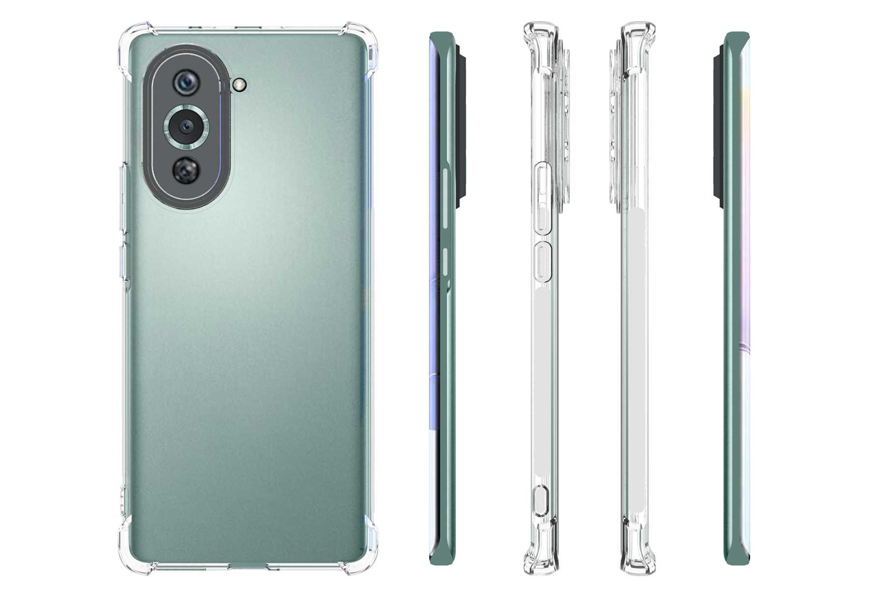 Grünes Telefon in transparentem Gehäuse. Unterschiedliche Ansichten des Telefons. Das Telefon hat eine Kamera auf der Rückseite.