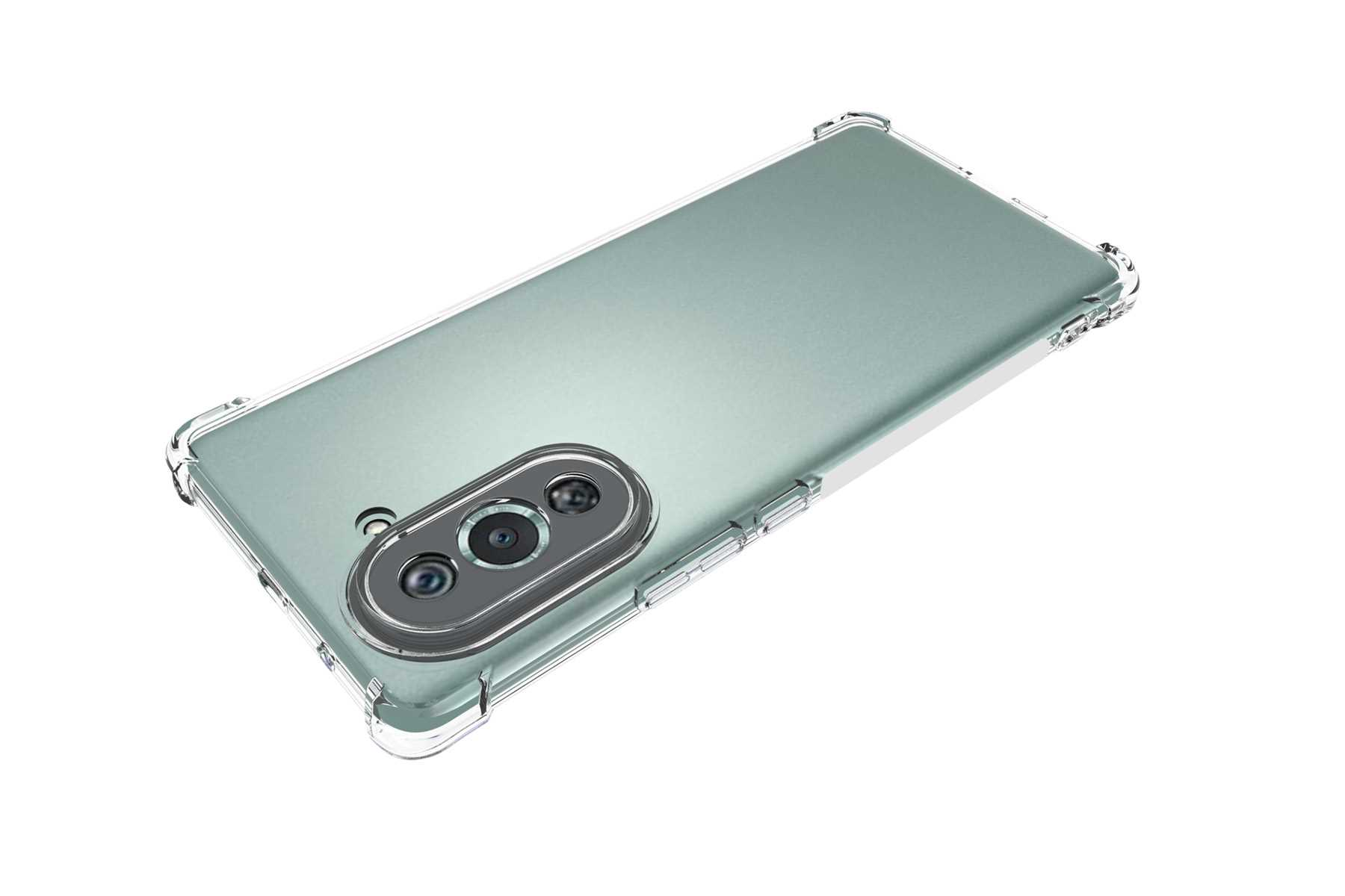 Ein mintgrünes Telefon in einer transparenten Hülle. Die Kamera ist sichtbar.