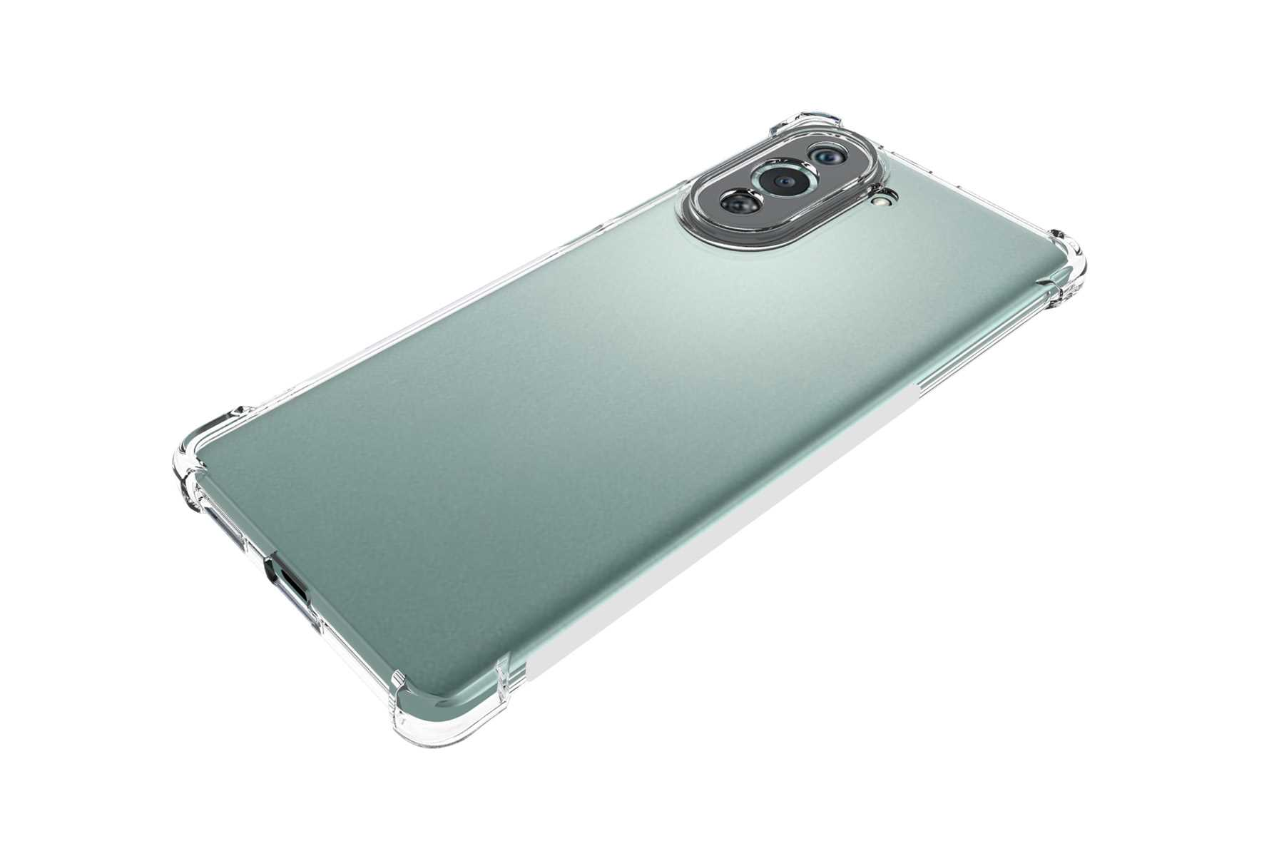 Klares Telefon in einem Gehäuse. Das Gehäuse ist transparent. Das Telefon hat drei Kameras auf der Rückseite.