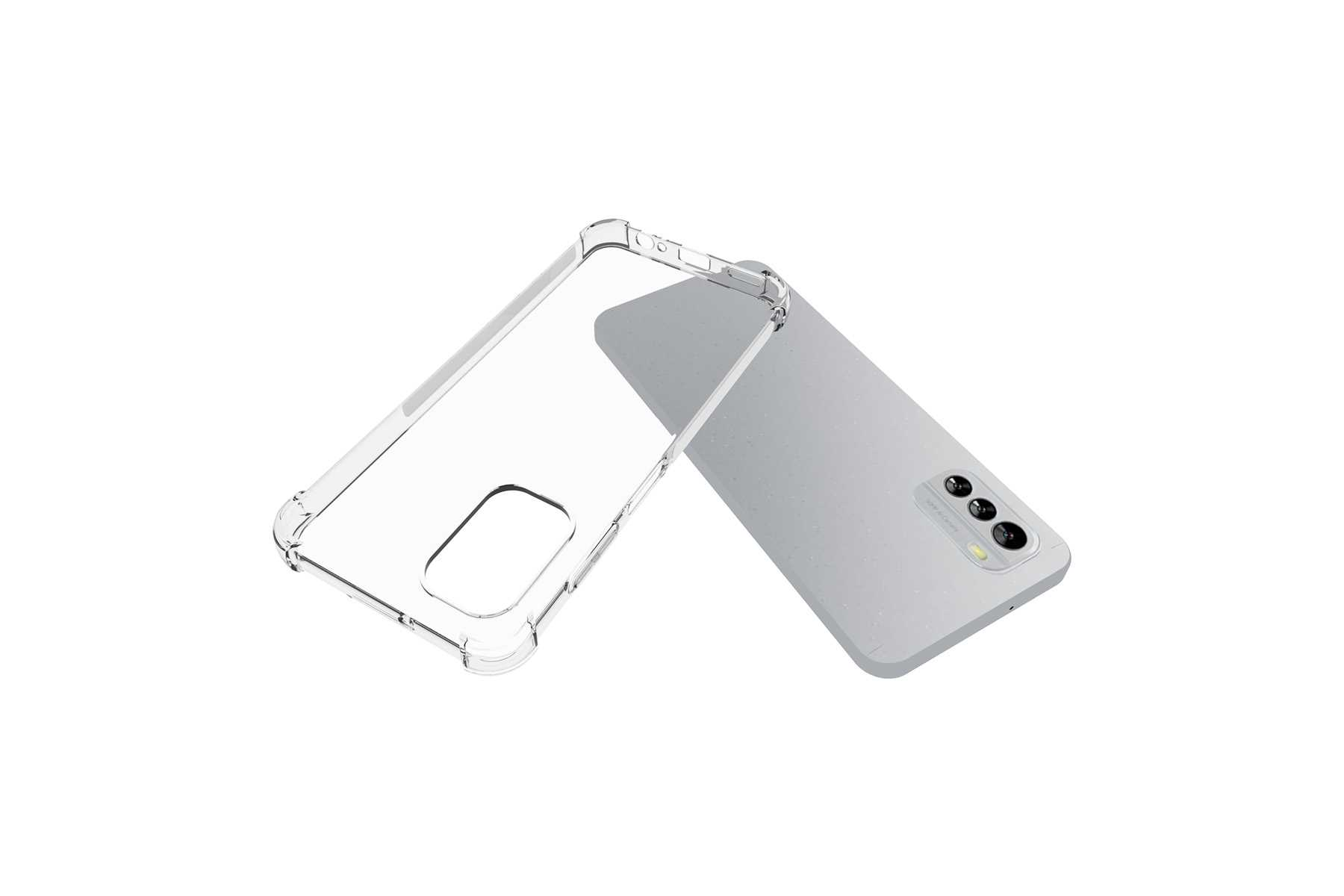 Eine transparente Handyhülle und ein graues Telefon. Die Hülle ist leer und das Telefon liegt auf dem Rücken.
