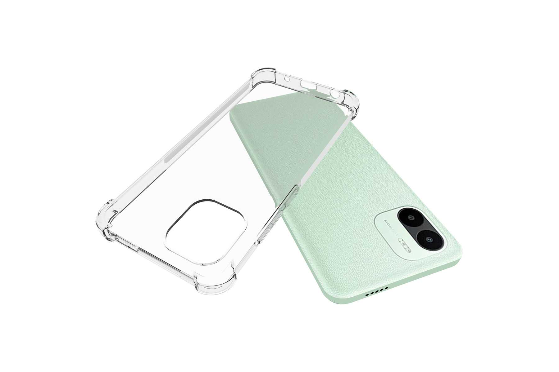 Transparente Handyhülle mit grünem Rücken. Hülle ist offen, Telefon ist leicht draußen.