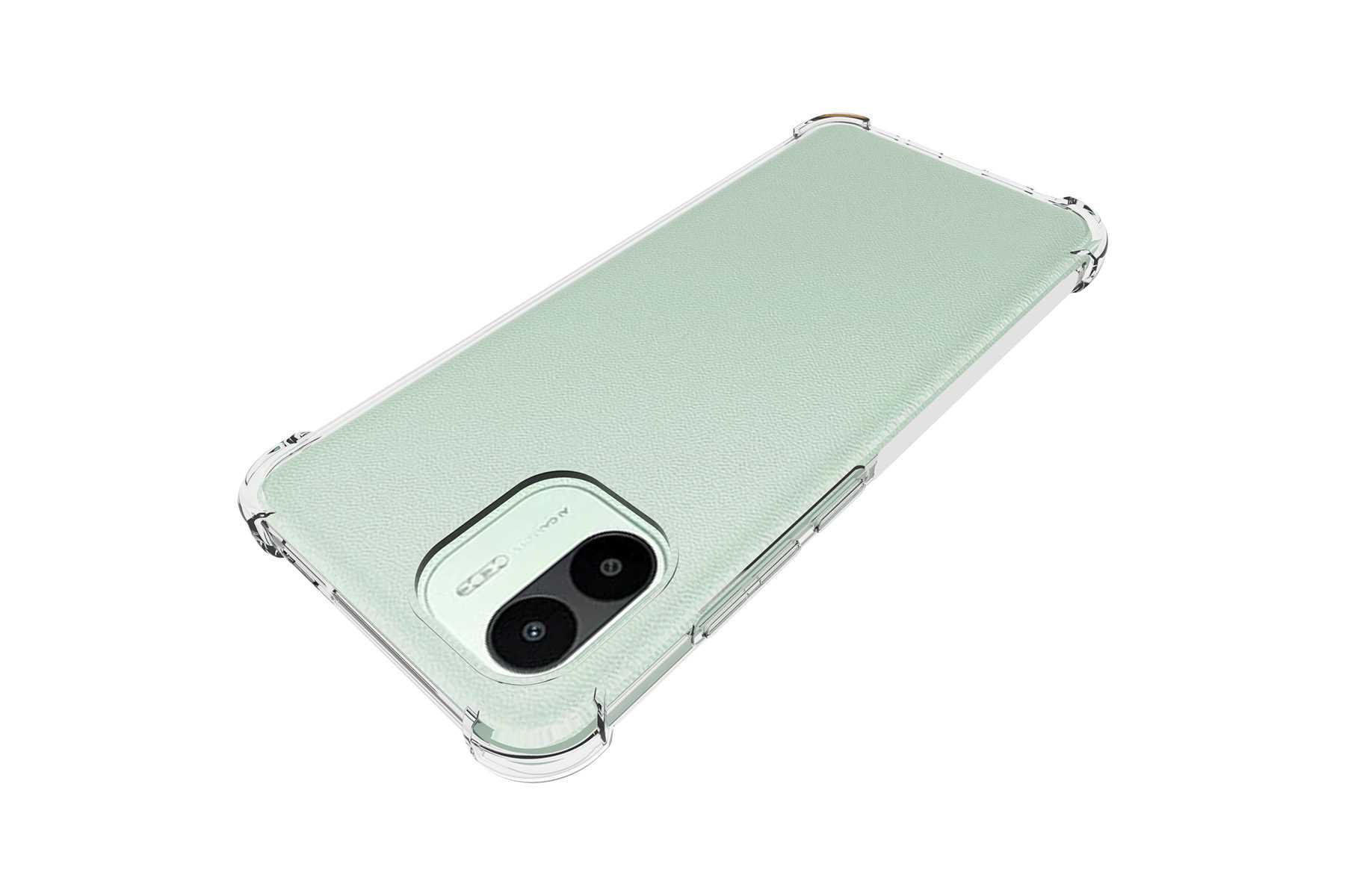 Eine mintgrüne Handyhülle mit transparentem Rahmen und einem Telefon darin. Die Hülle hat einen Kameraausschnitt.
