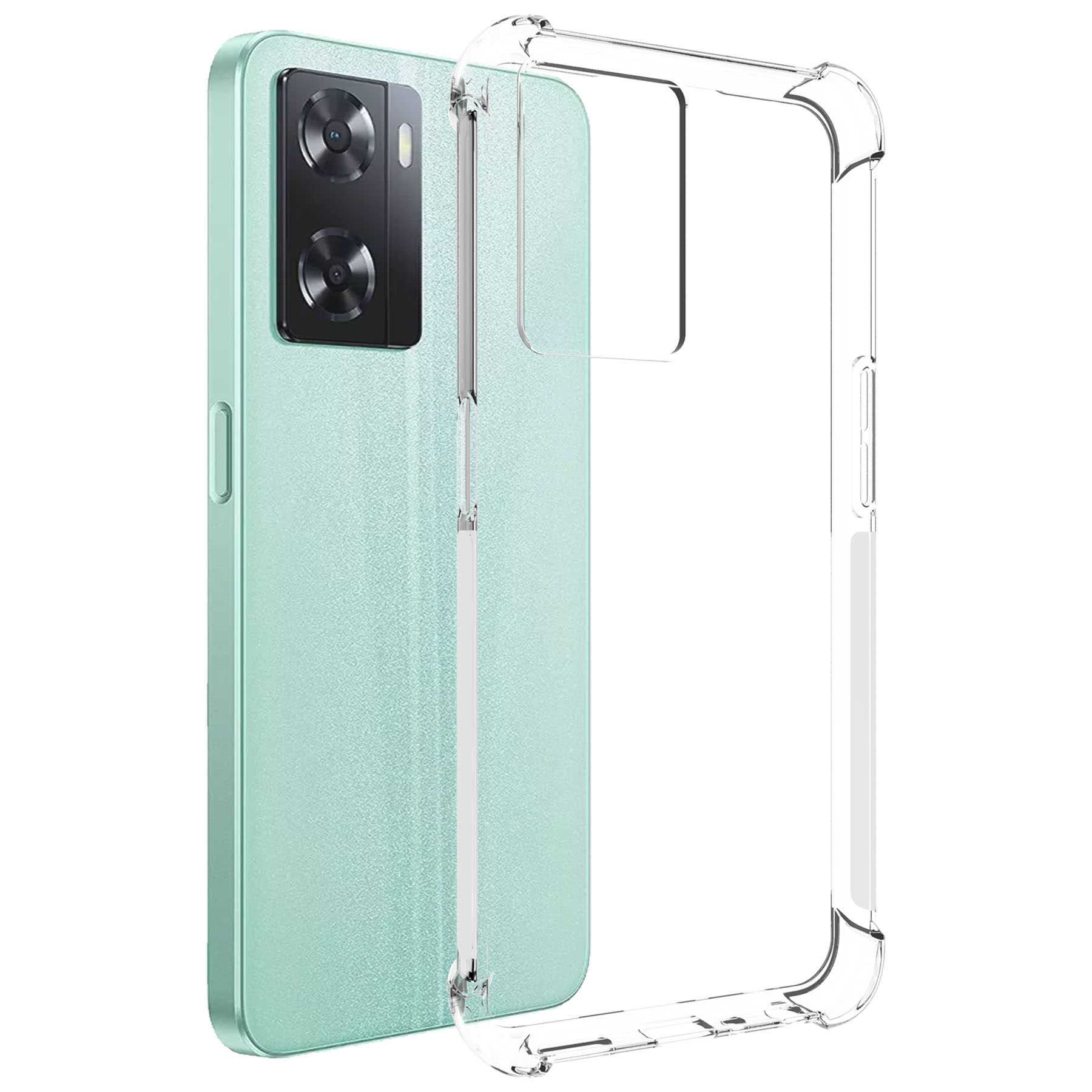 Ein mintgrünes Telefon mit angebrachter transparenter Hülle.