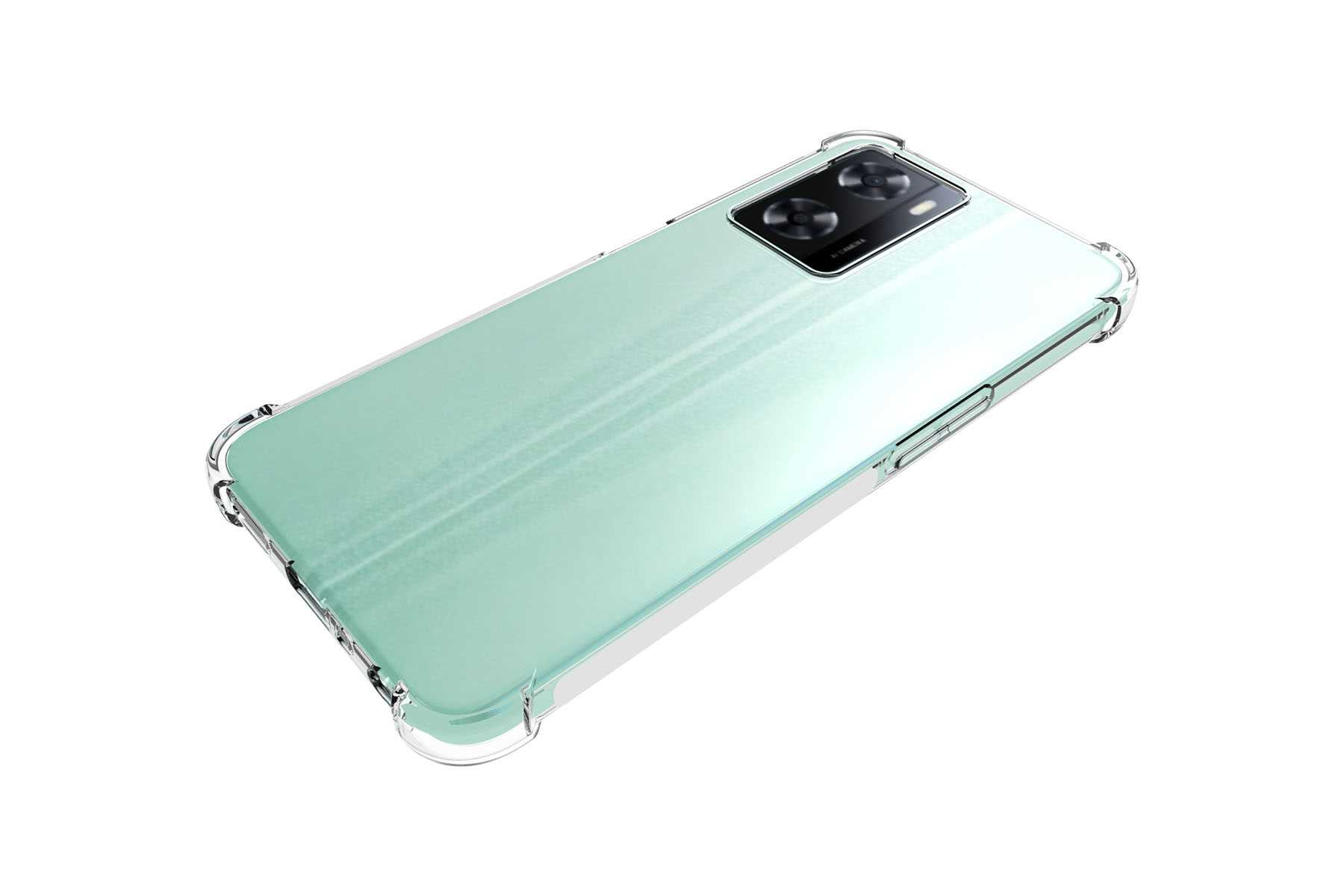 Ein mintgrünes Telefon in einer transparenten Schutzhülle, isoliert auf weißem Hintergrund.