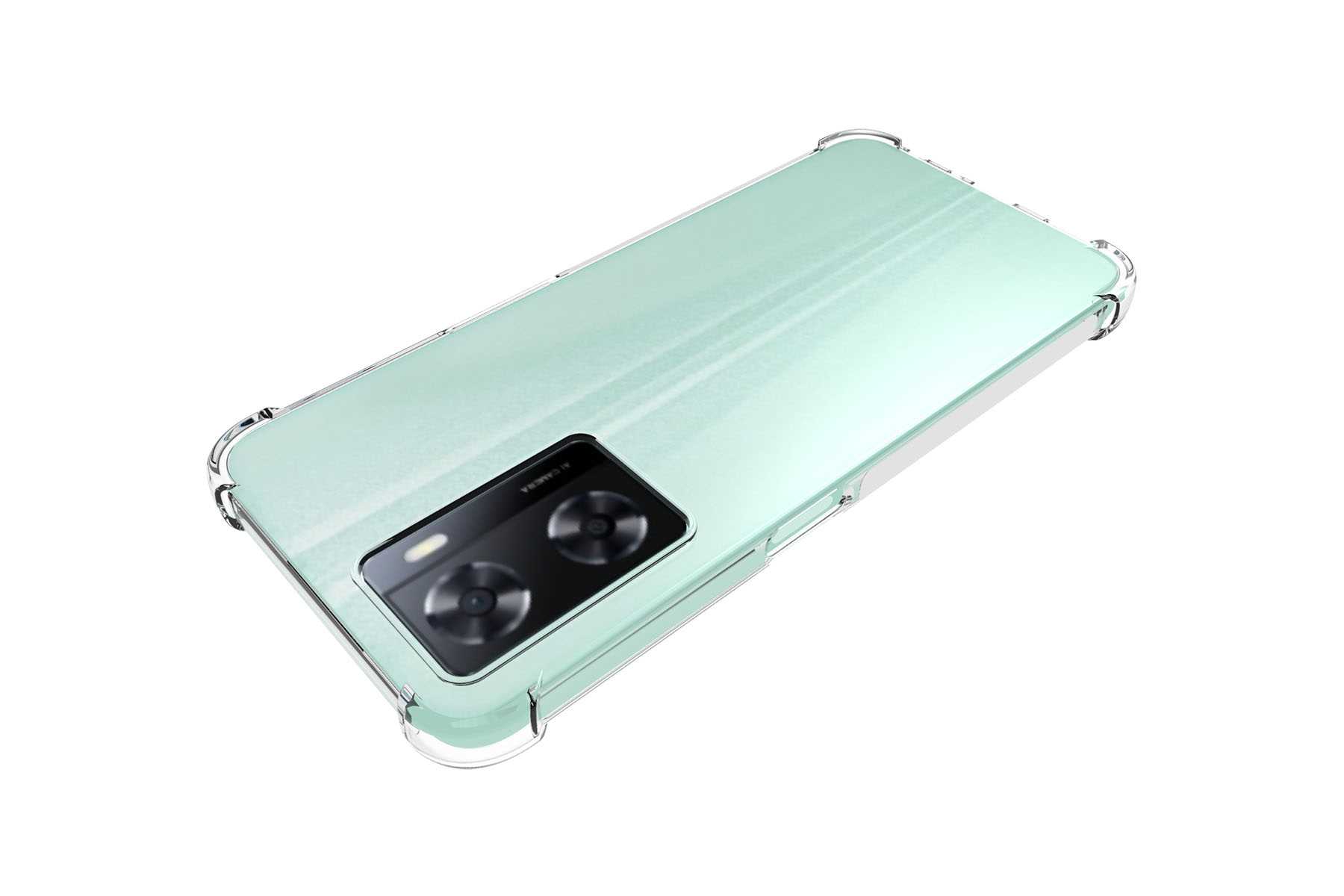 Mintgrünes Telefon in einer transparenten Schutzhülle, schräge Ansicht.