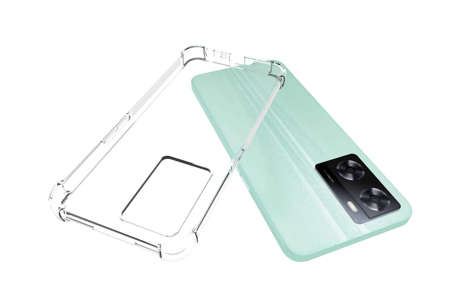 Transparente Handyhülle auf mintgrünem Handy, schräge Ansicht.