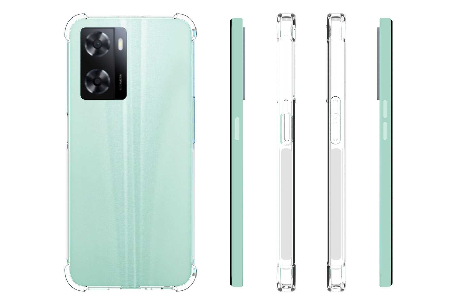 Ein Telefon mit durchsichtiger Hülle, verschiedene Ansichten. Das Telefon ist grün.