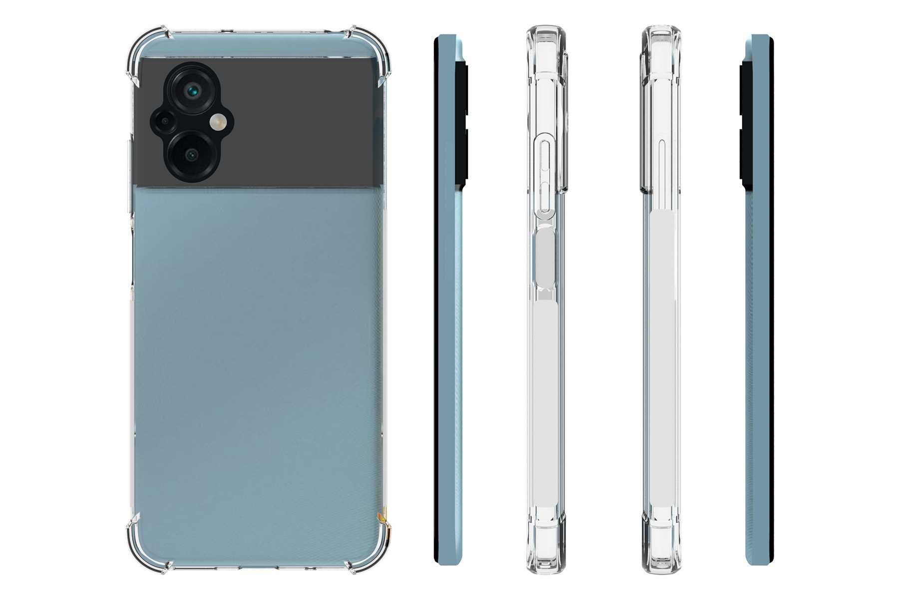 Ein blaues Telefon mit einer durchsichtigen Hülle. Die Hülle zeigt Kamera und Knöpfe.